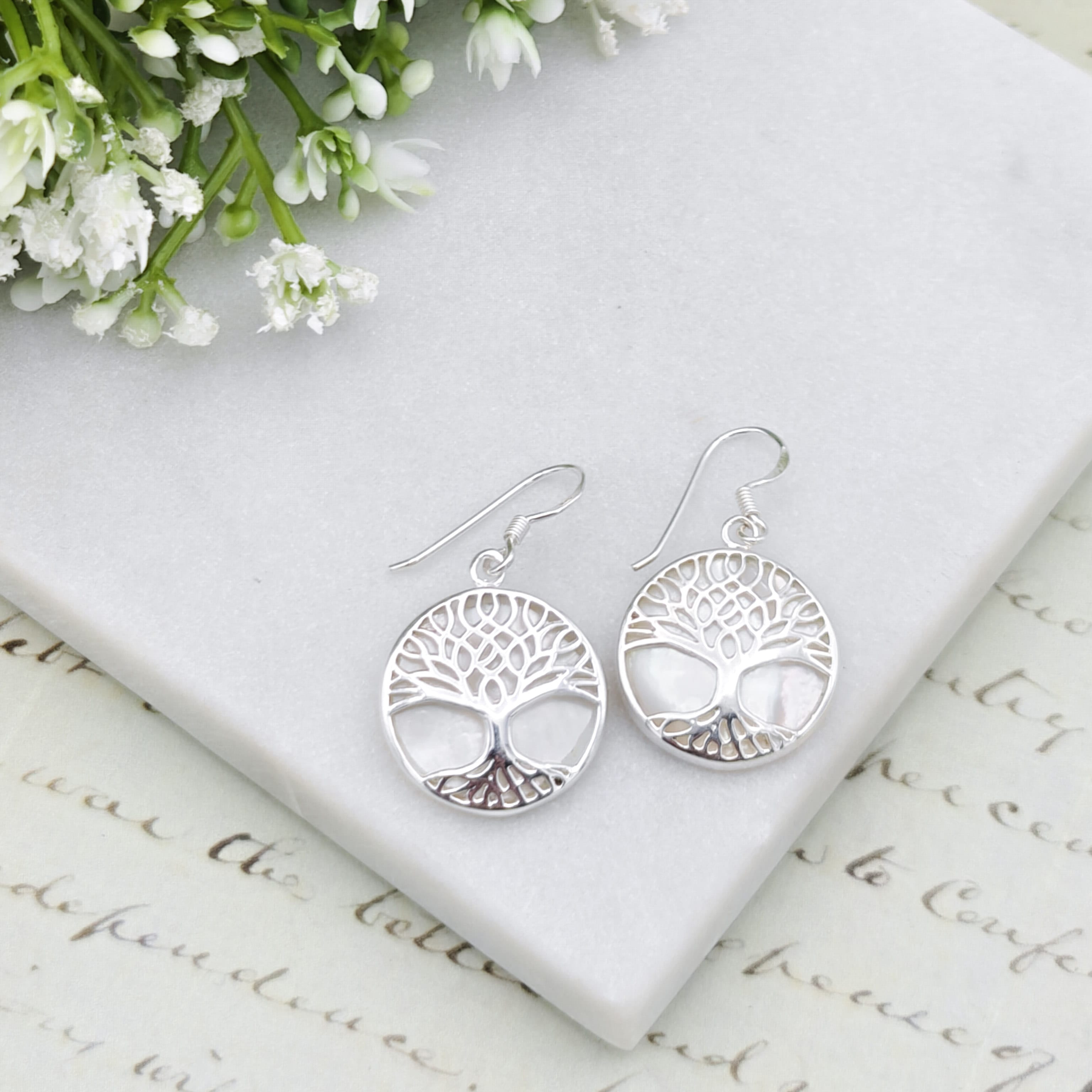 Hepburn and Hughes Mother of Pearl Earrings | June Gift | Tree of Life | Sterling Silver