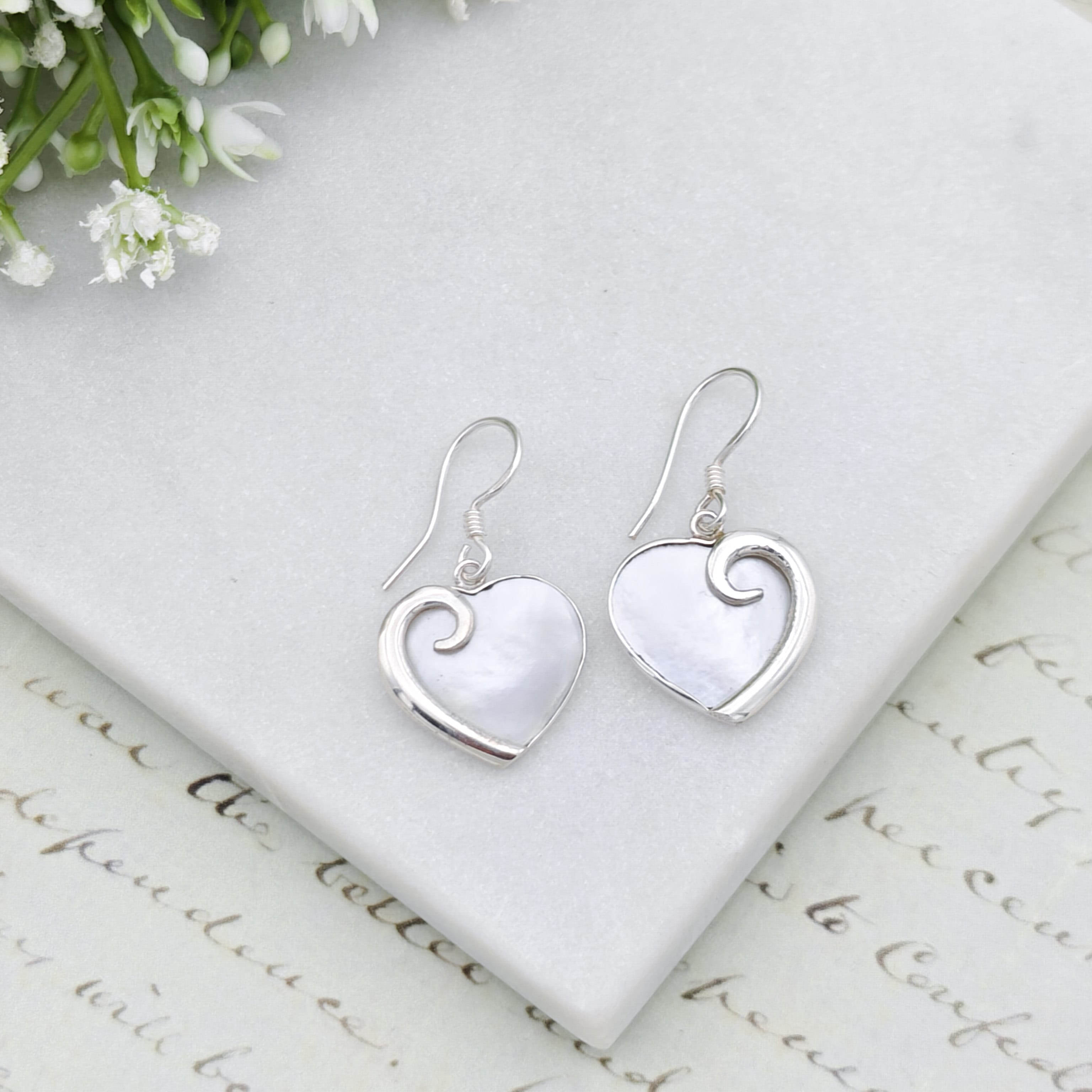 Hepburn and Hughes Mother of Pearl Hanging Heart Earrings in Sterling Silver | June Gift