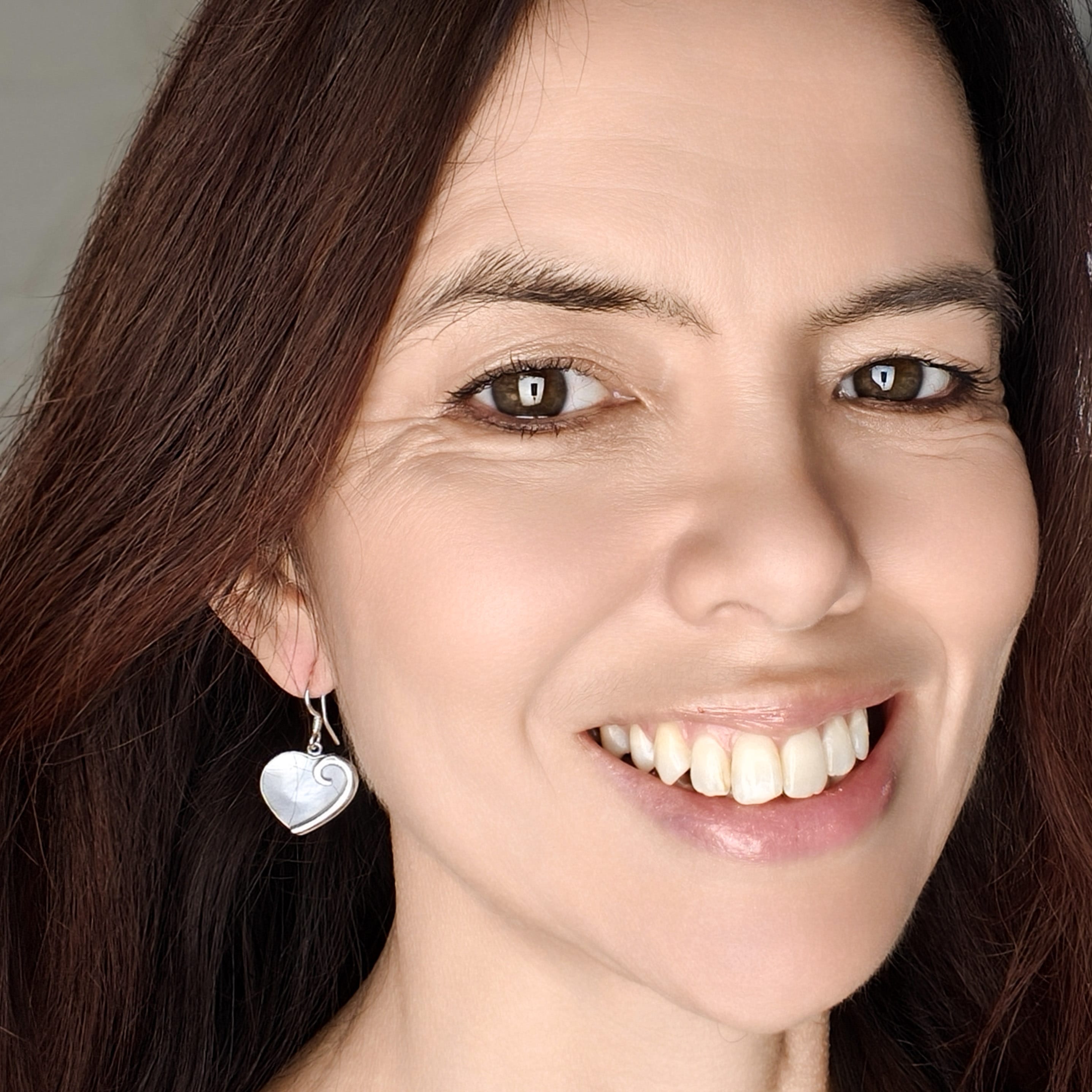 Hepburn and Hughes Mother of Pearl Hanging Heart Earrings in Sterling Silver | June Gift