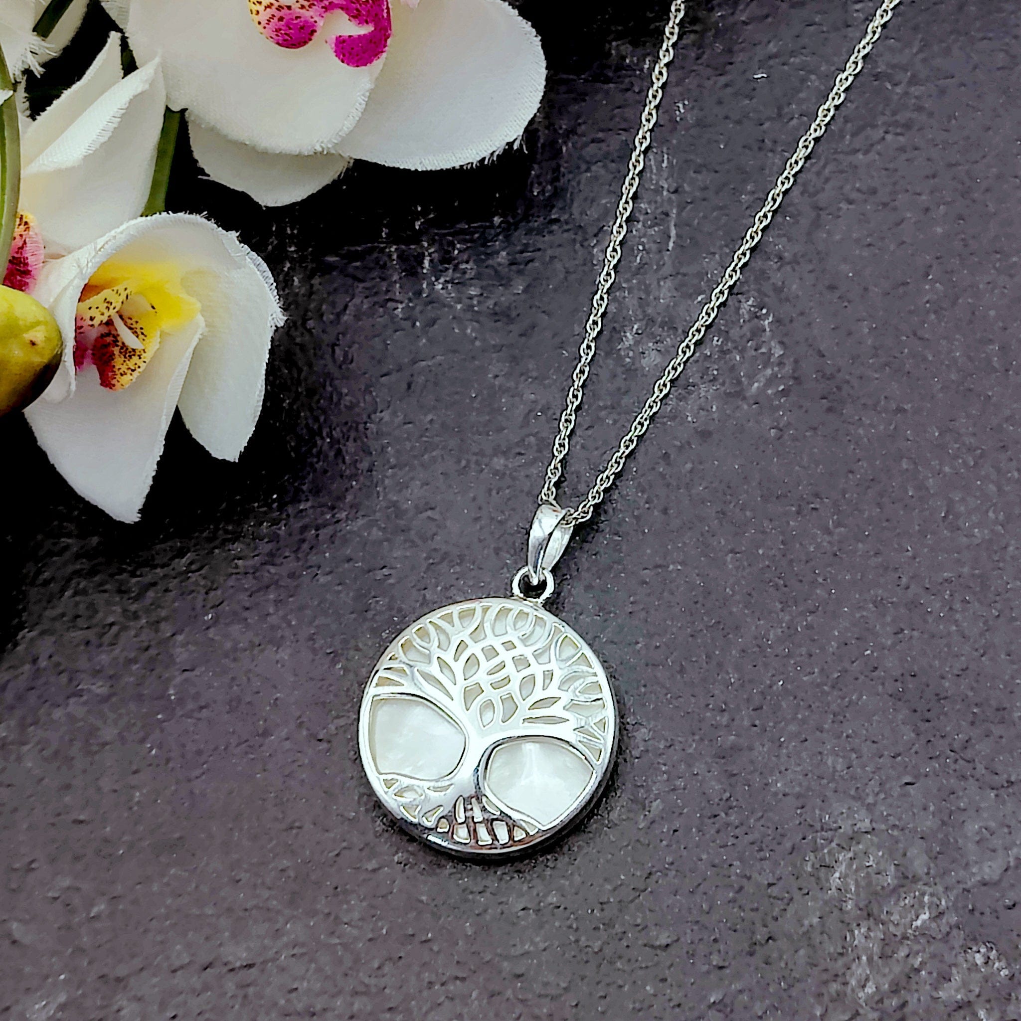 Hepburn and Hughes Mother of Pearl Pendant | 27mm Tree of Life Pendant | Sterling Silver