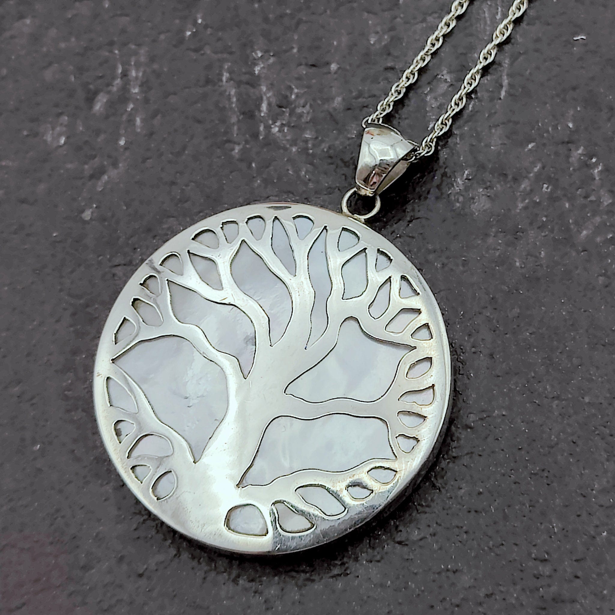 Hepburn and Hughes Mother of Pearl Pendant | 40mm Tree of Life Pendant | Sterling Silver | Free chain