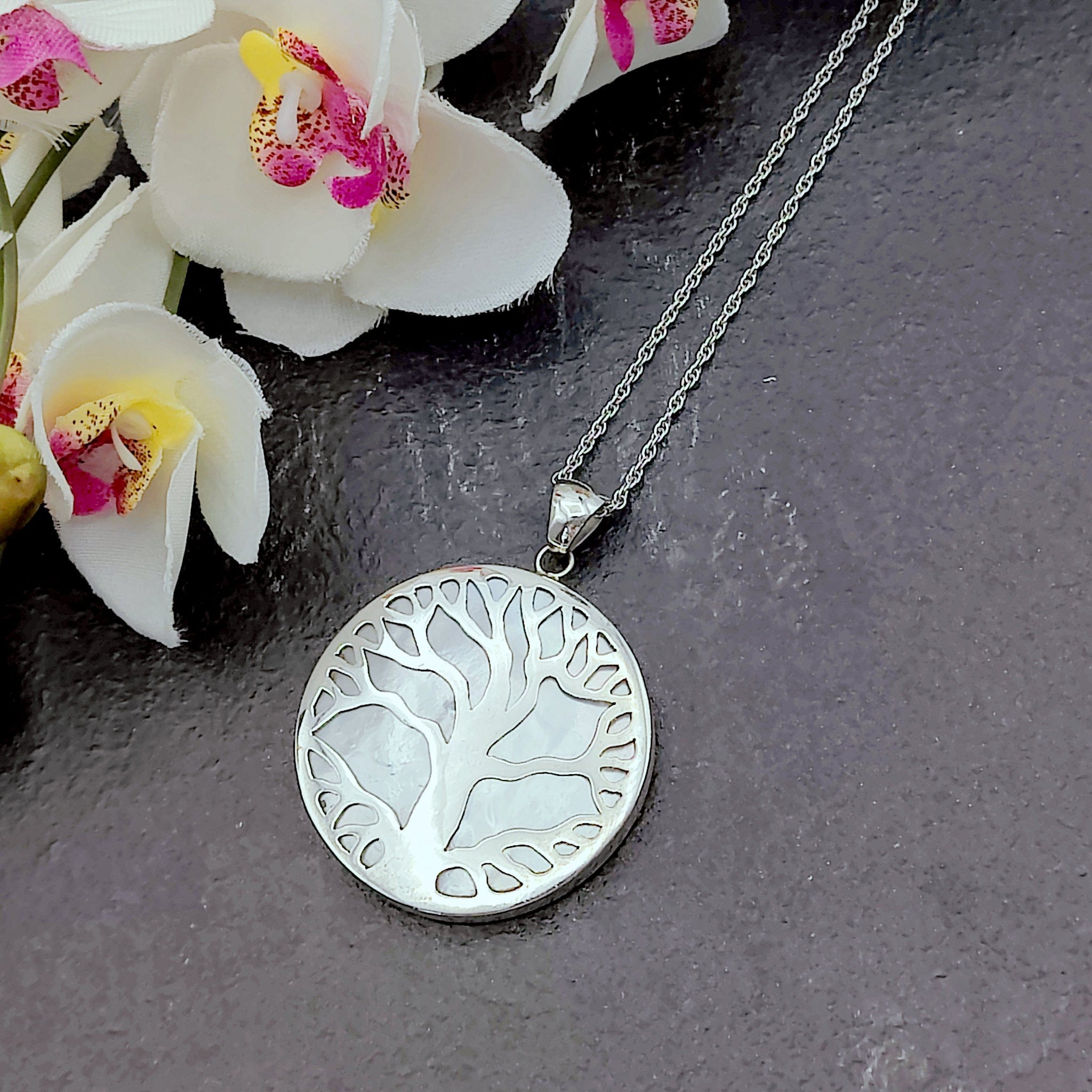 Hepburn and Hughes Mother of Pearl Pendant | 40mm Tree of Life Pendant | Sterling Silver | Free chain