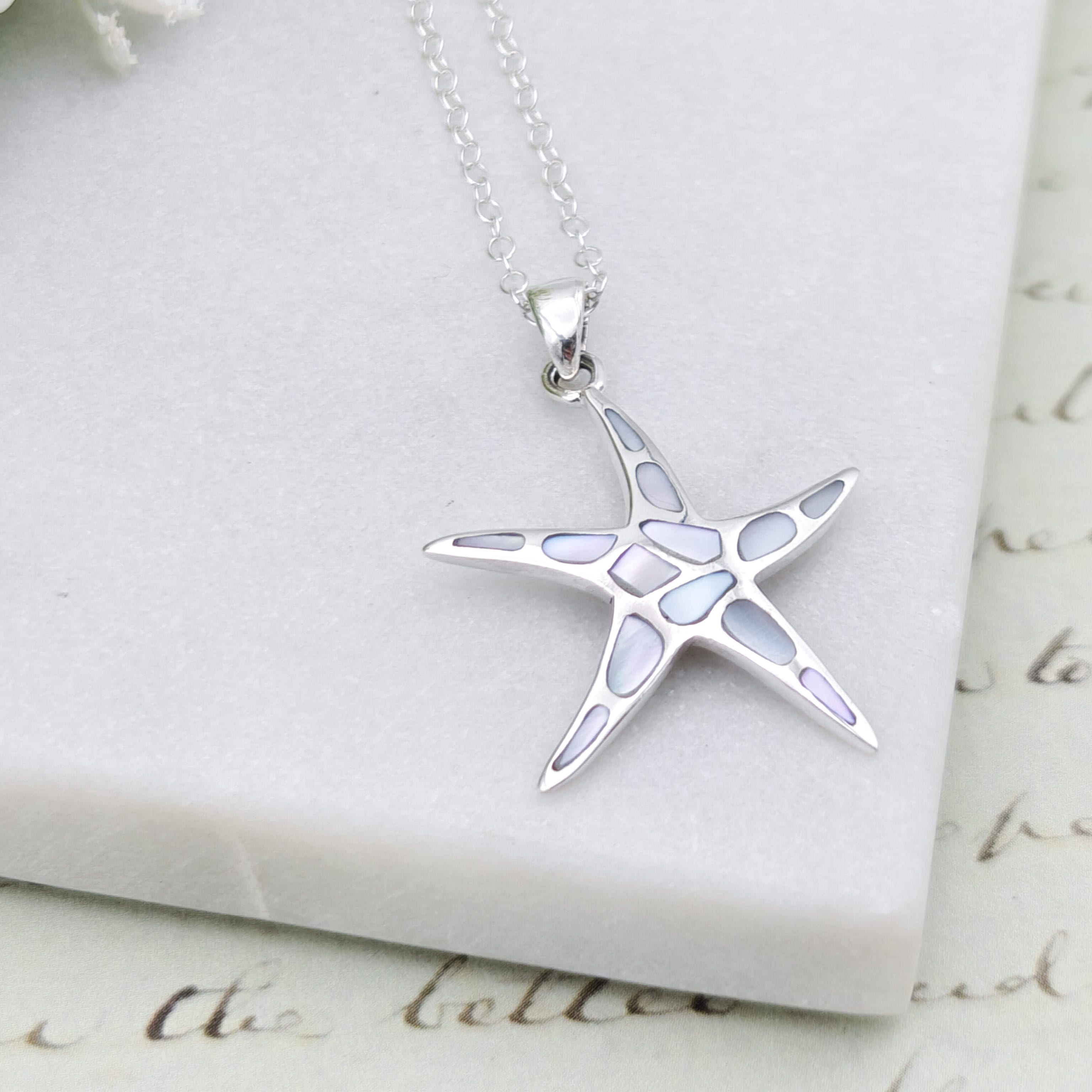 Hepburn and Hughes Mother of Pearl Small Starfish Pendant | White Mosaic | Sterling Silver