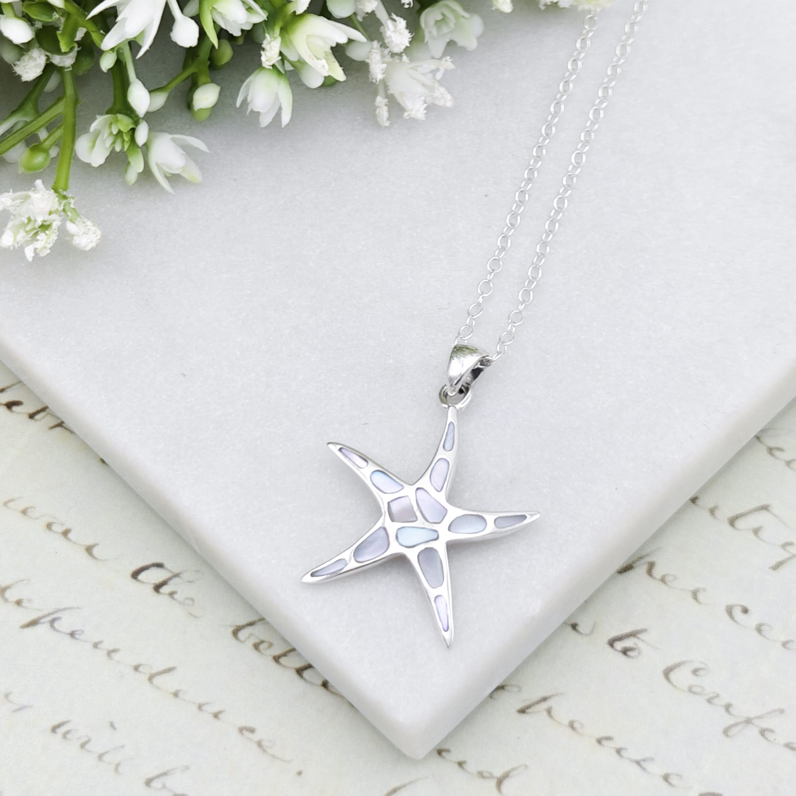 Hepburn and Hughes Mother of Pearl Small Starfish Pendant | White Mosaic | Sterling Silver