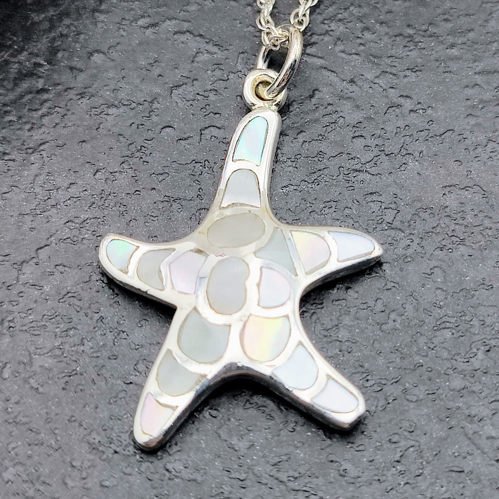 Hepburn and Hughes Mother of Pearl Small Starfish Pendant | White Mosaic | Sterling Silver