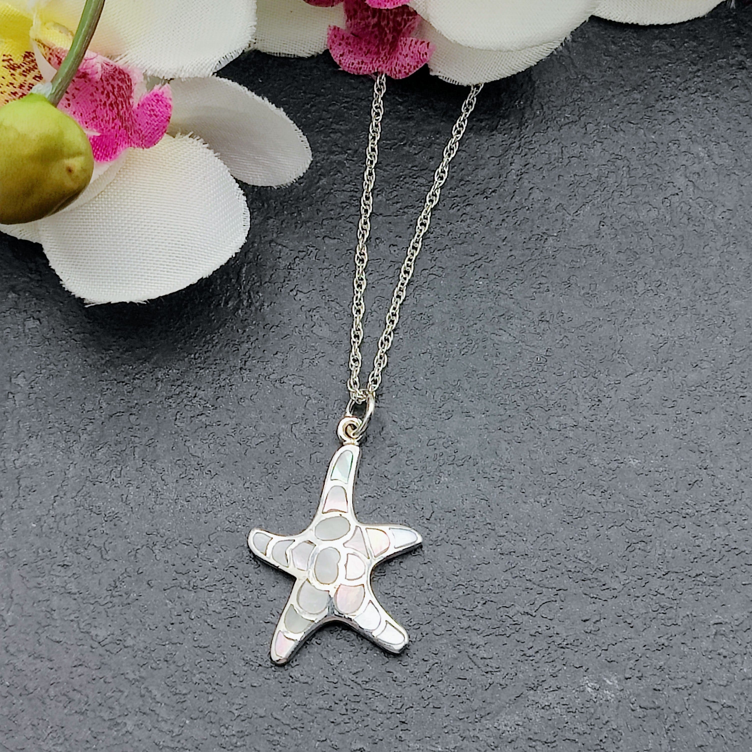 Hepburn and Hughes Mother of Pearl Small Starfish Pendant | White Mosaic | Sterling Silver