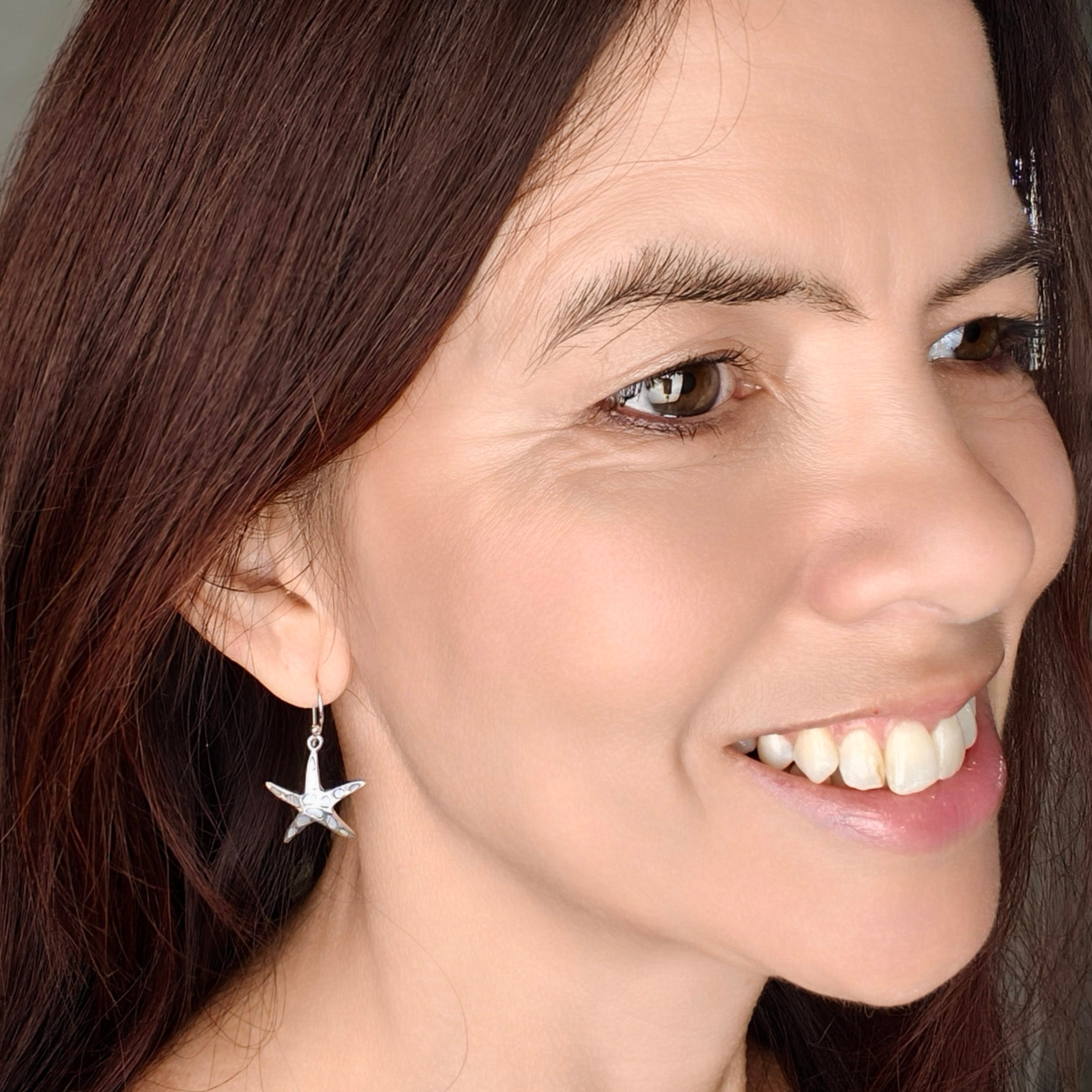 Hepburn and Hughes Mother of Pearl Starfish Drop Earrings | June Birthday | Sterling Silver