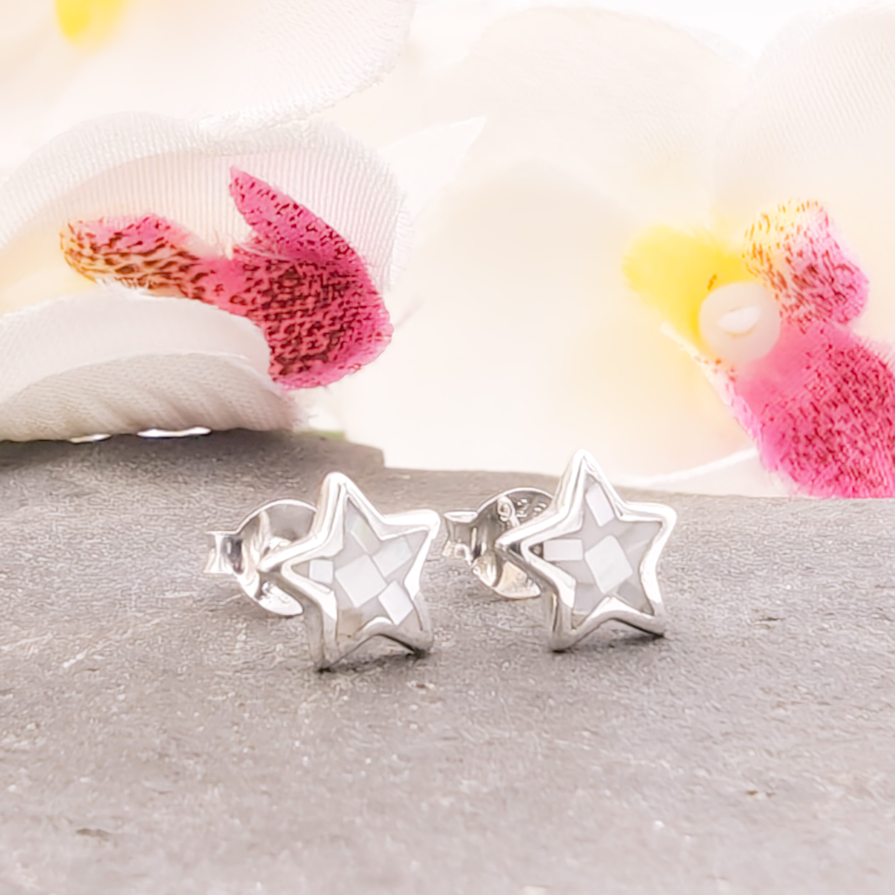 Hepburn and Hughes Mother of Pearl Starfish Stud Earrings | White Mosaic | Sterling Silver