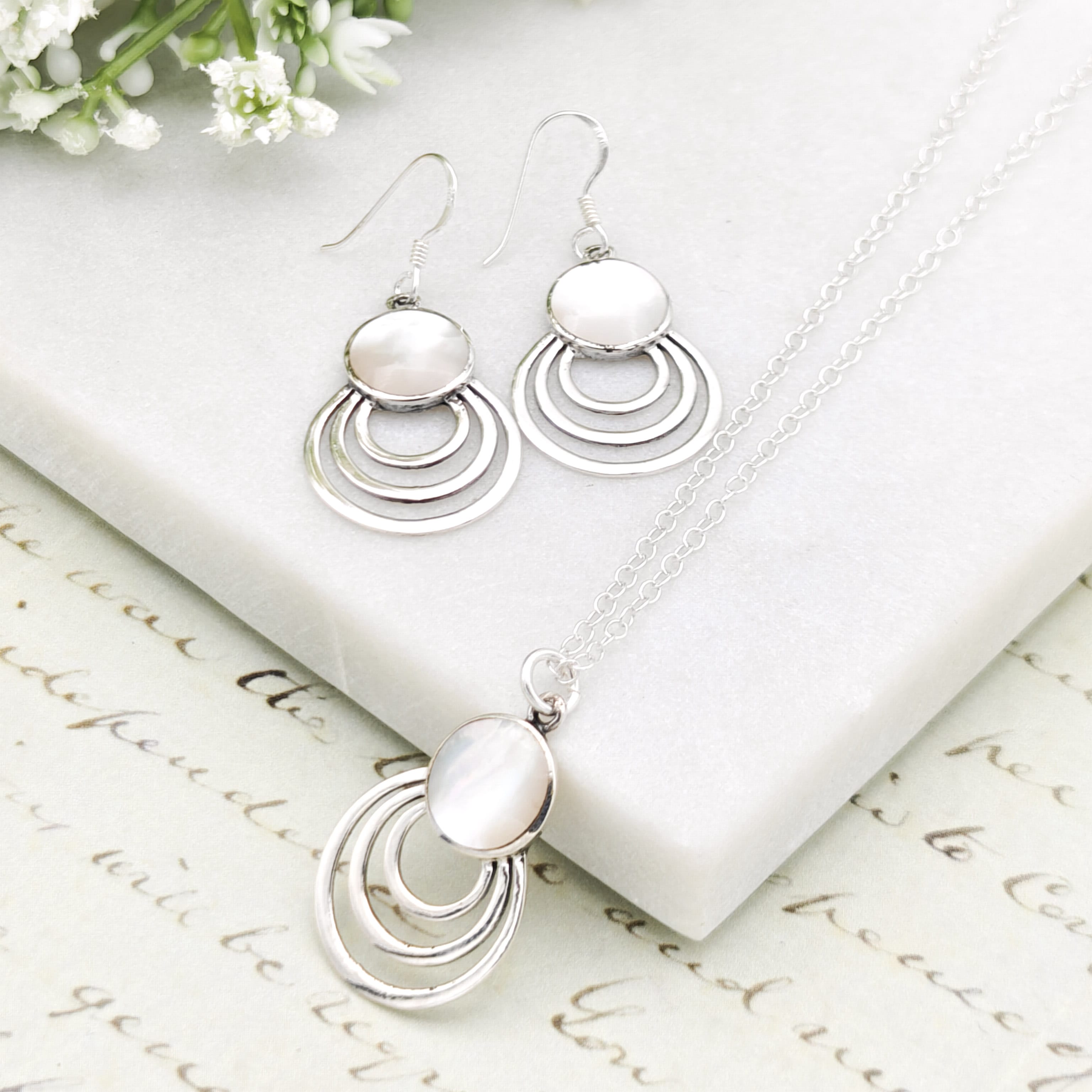 Hepburn and Hughes Mother of Pearl Three Circle Sterling Silver Earrings | June Gift