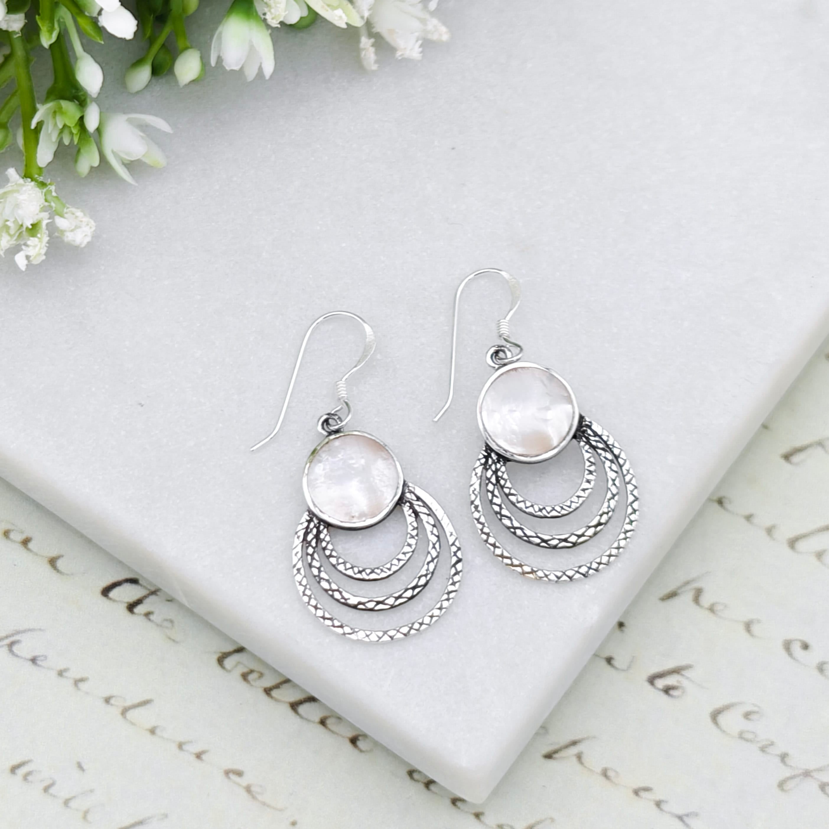 Hepburn and Hughes Mother of Pearl Three Circle Sterling Silver Earrings | June Gift