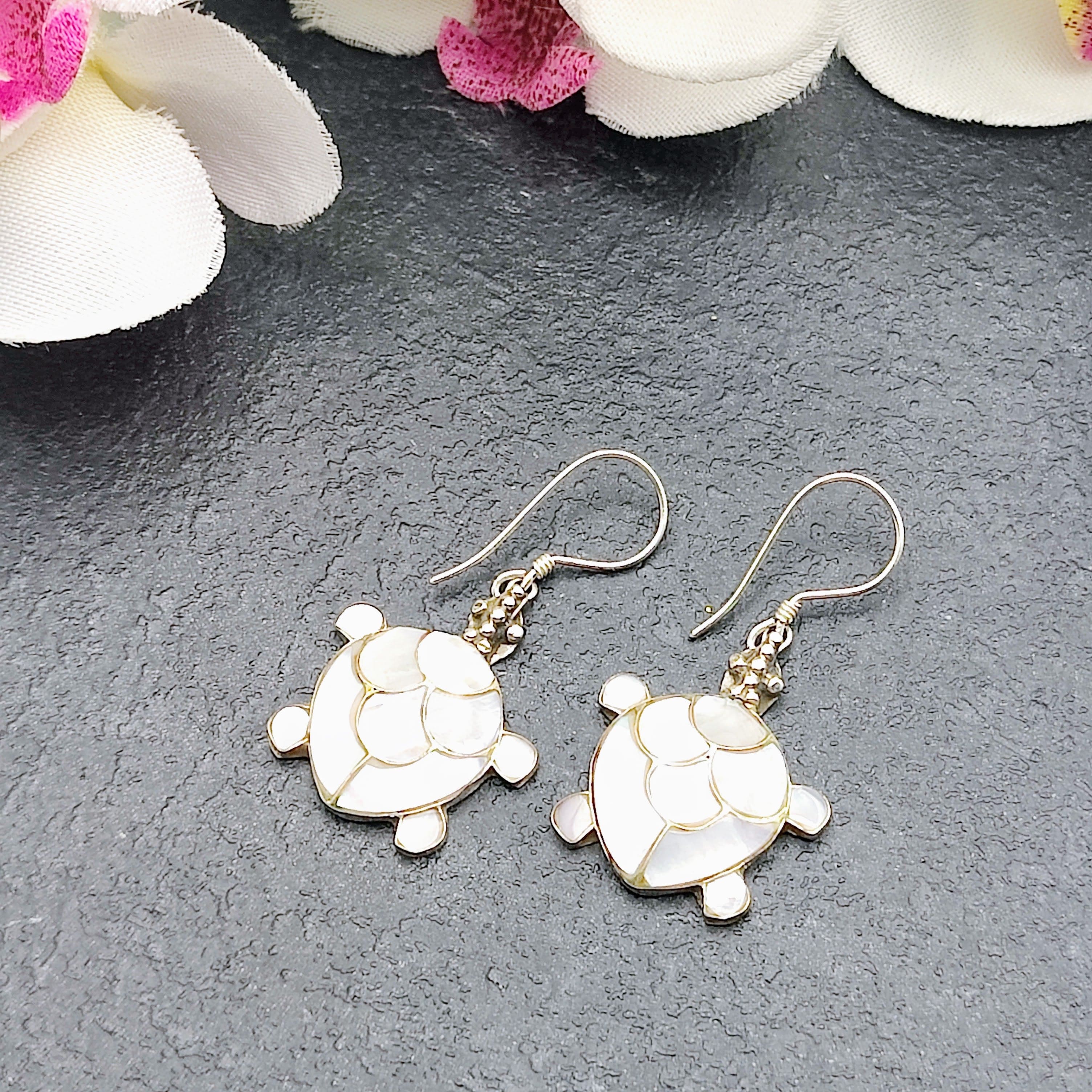 Hepburn and Hughes Mother of Pearl Turtle Earrings | Shell Earrings | Sterling Silver