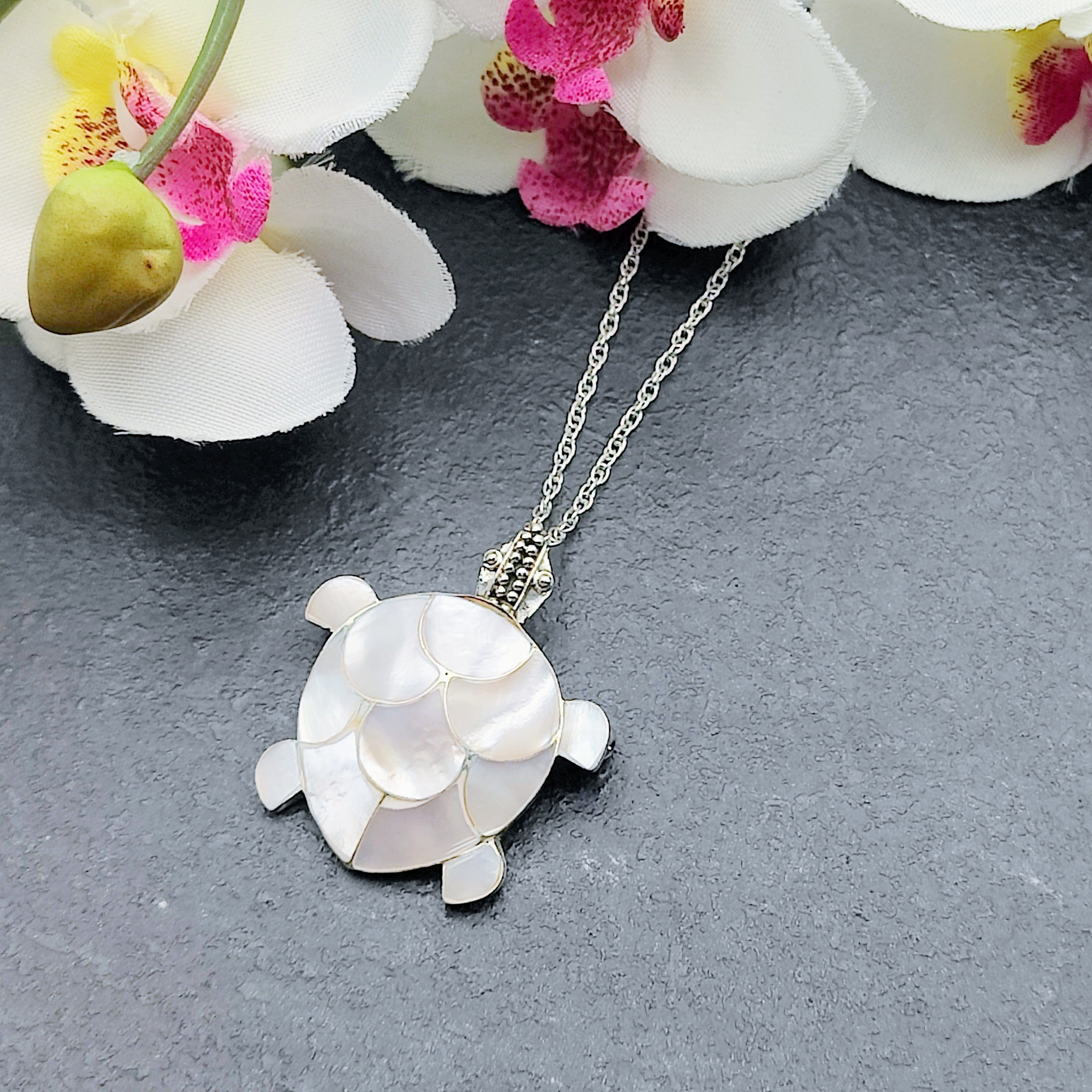 Hepburn and Hughes Mother of Pearl Turtle Pendant And Earrings Set | Reversible brooch | Sterling Silver