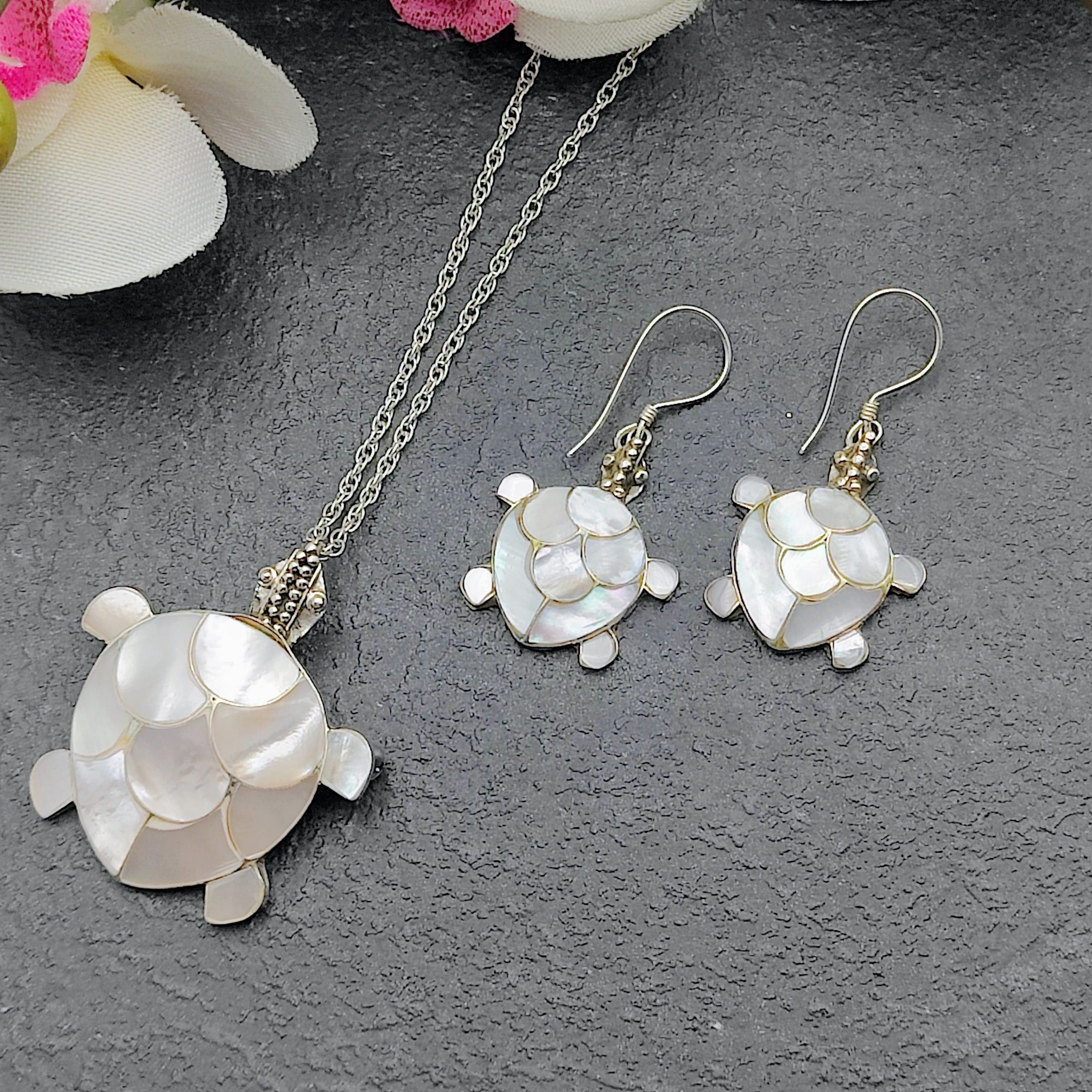 Hepburn and Hughes Mother of Pearl Turtle Pendant And Earrings Set | Reversible brooch | Sterling Silver