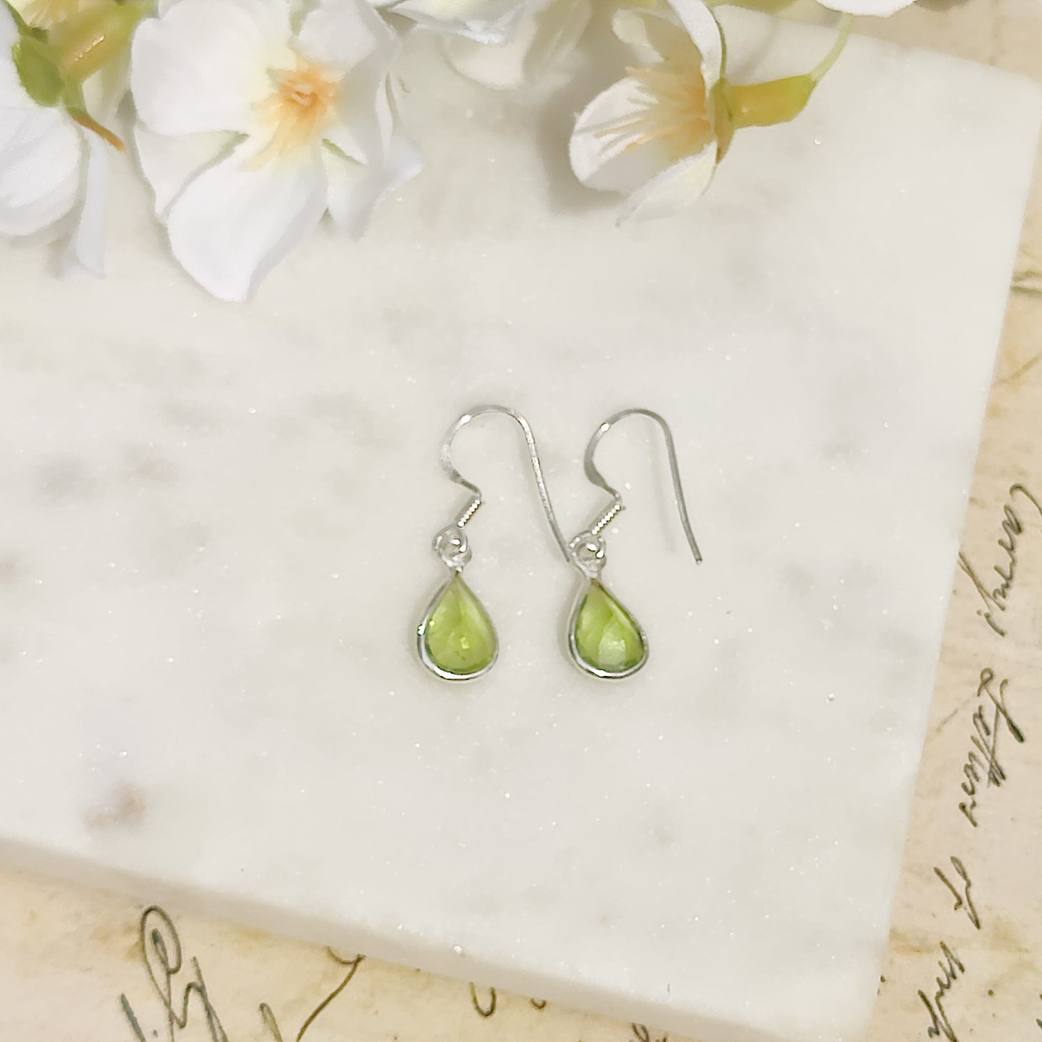 Hepburn and Hughes Peridot Drop Earrings | Pear | 16th Anniversary gift | Sterling Silver