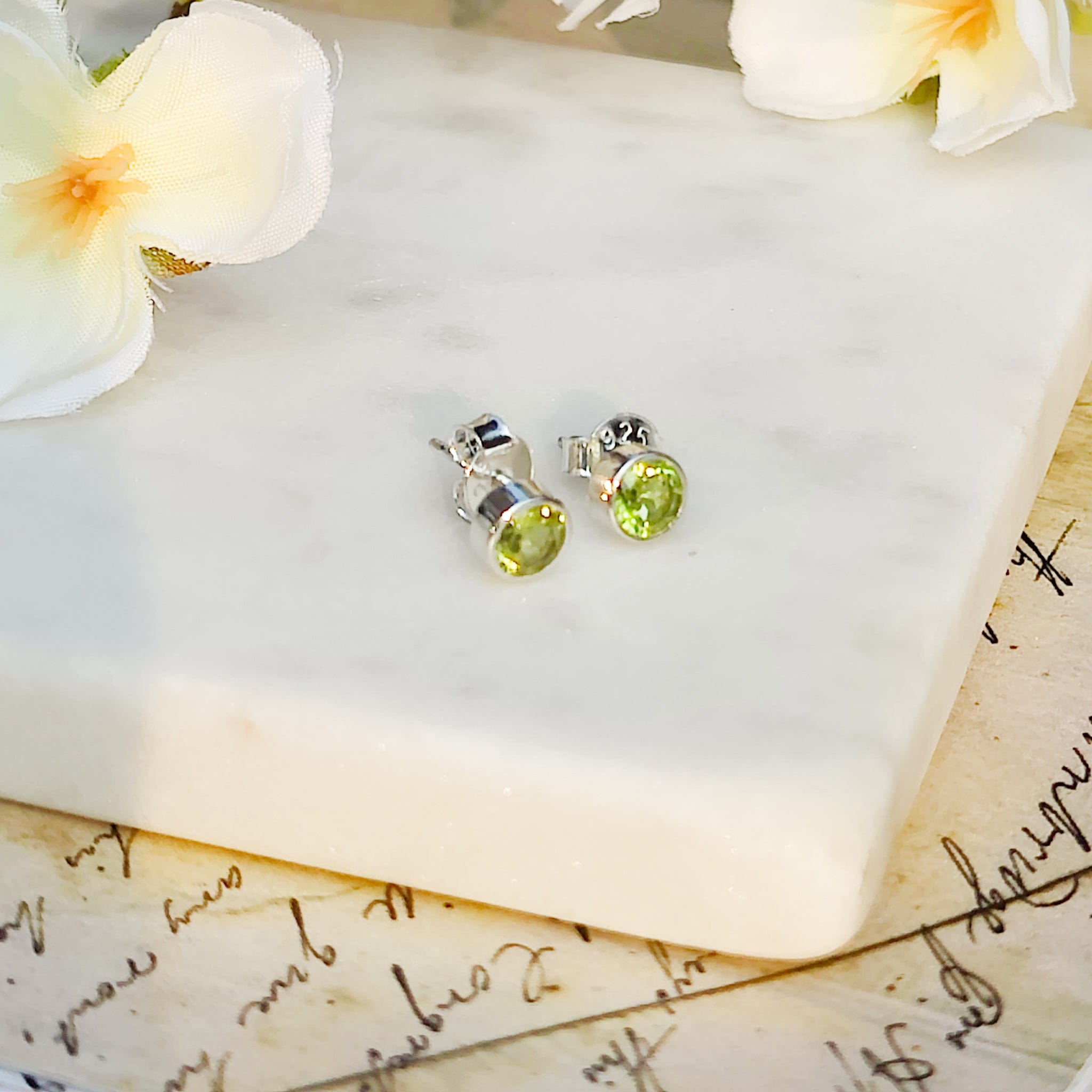 Hepburn and Hughes Peridot Earrings | Round Stud | August Birthstone | Sterling Silver