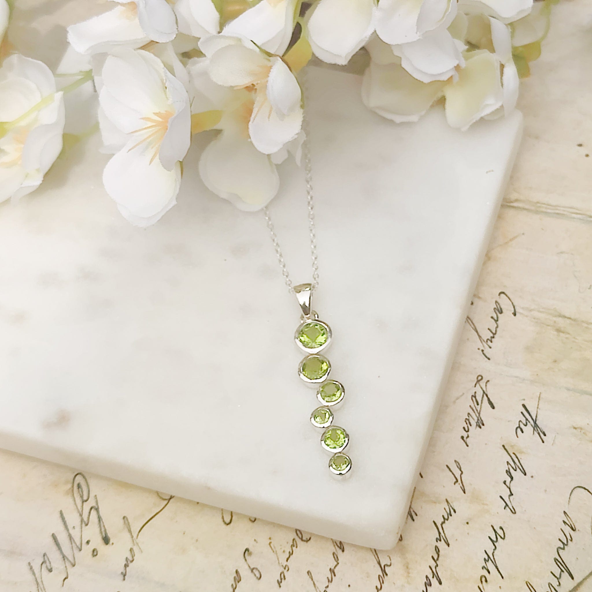 Hepburn and Hughes Peridot Gemstone Pendant | 6 stones | August Birthstone | Sterling Silver