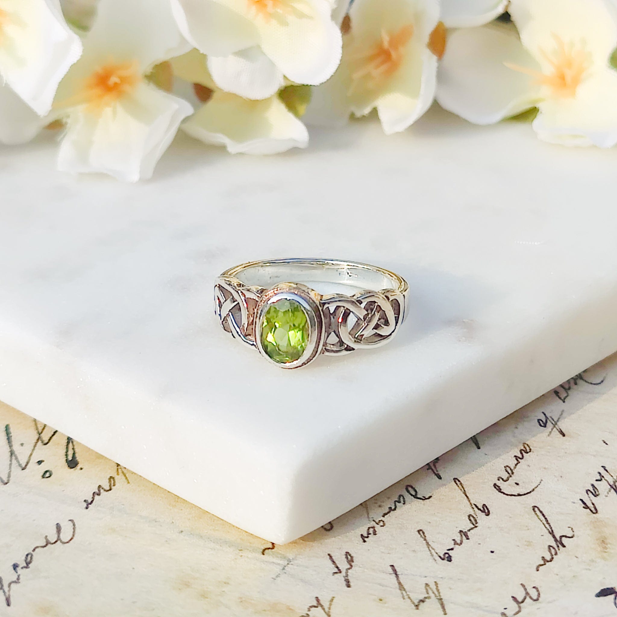 Hepburn and Hughes Peridot Gemstone Ring | Celtic Band | August Birthstone | Sterling Silver