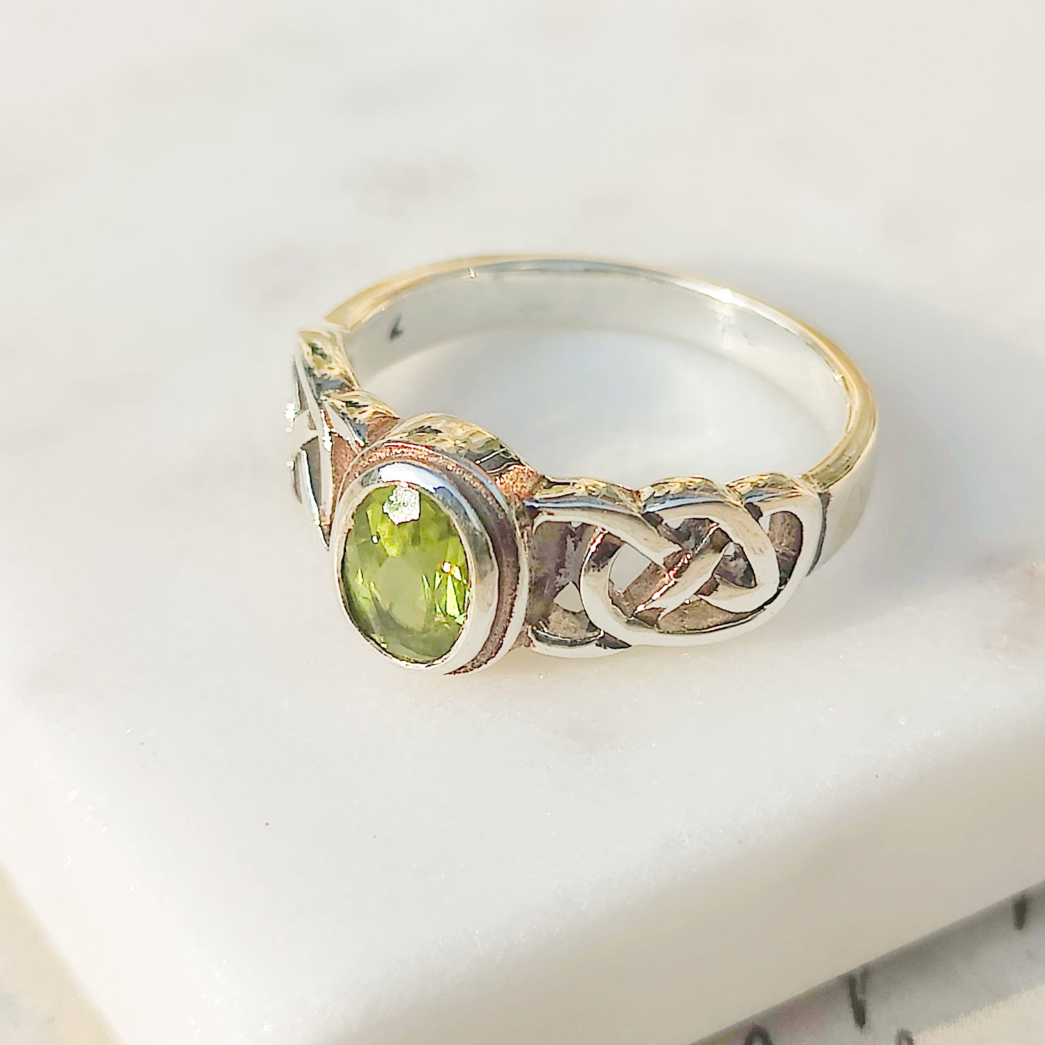 Hepburn and Hughes Peridot Gemstone Ring | Celtic Band | August Birthstone | Sterling Silver