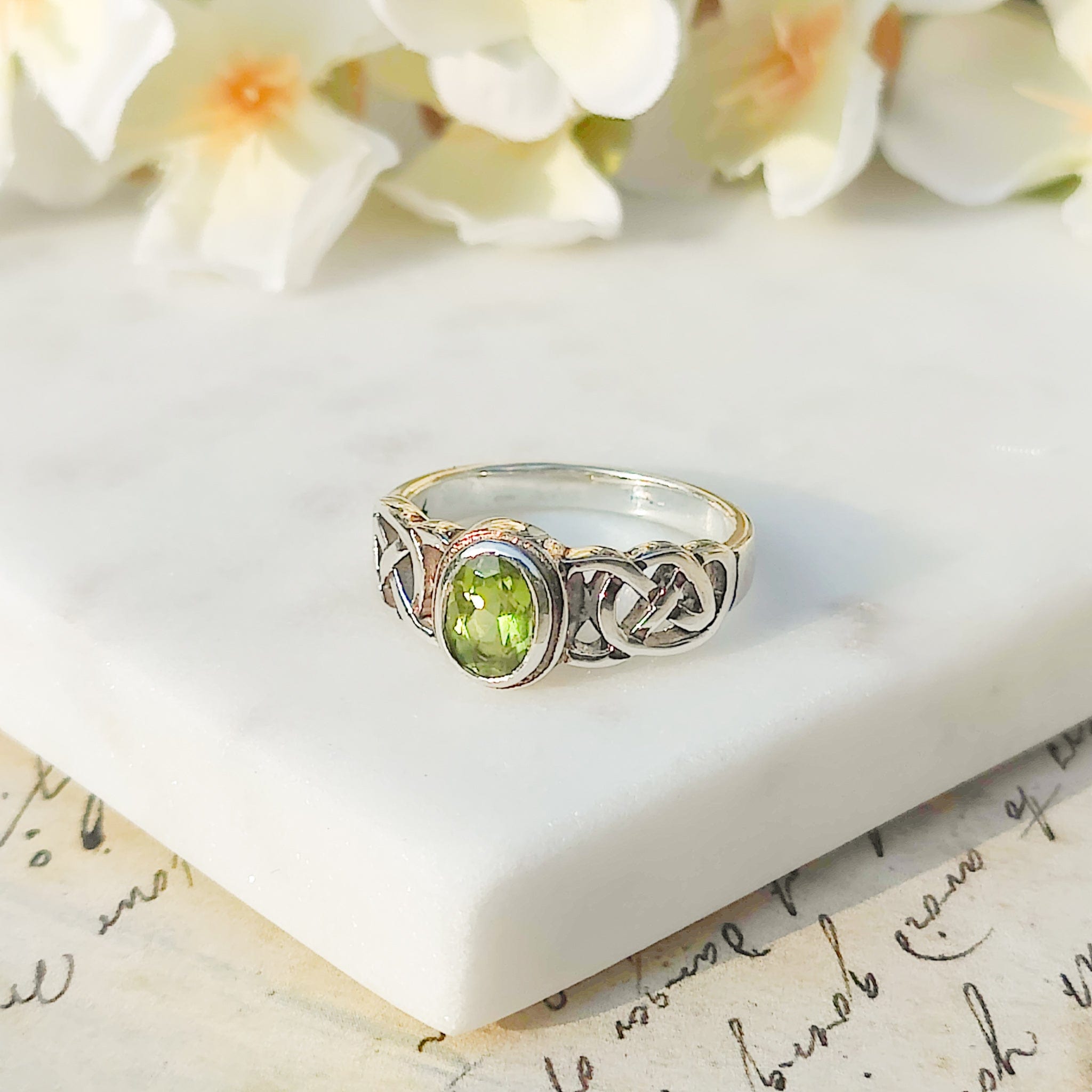 Hepburn and Hughes Peridot Gemstone Ring | Celtic Band | August Birthstone | Sterling Silver