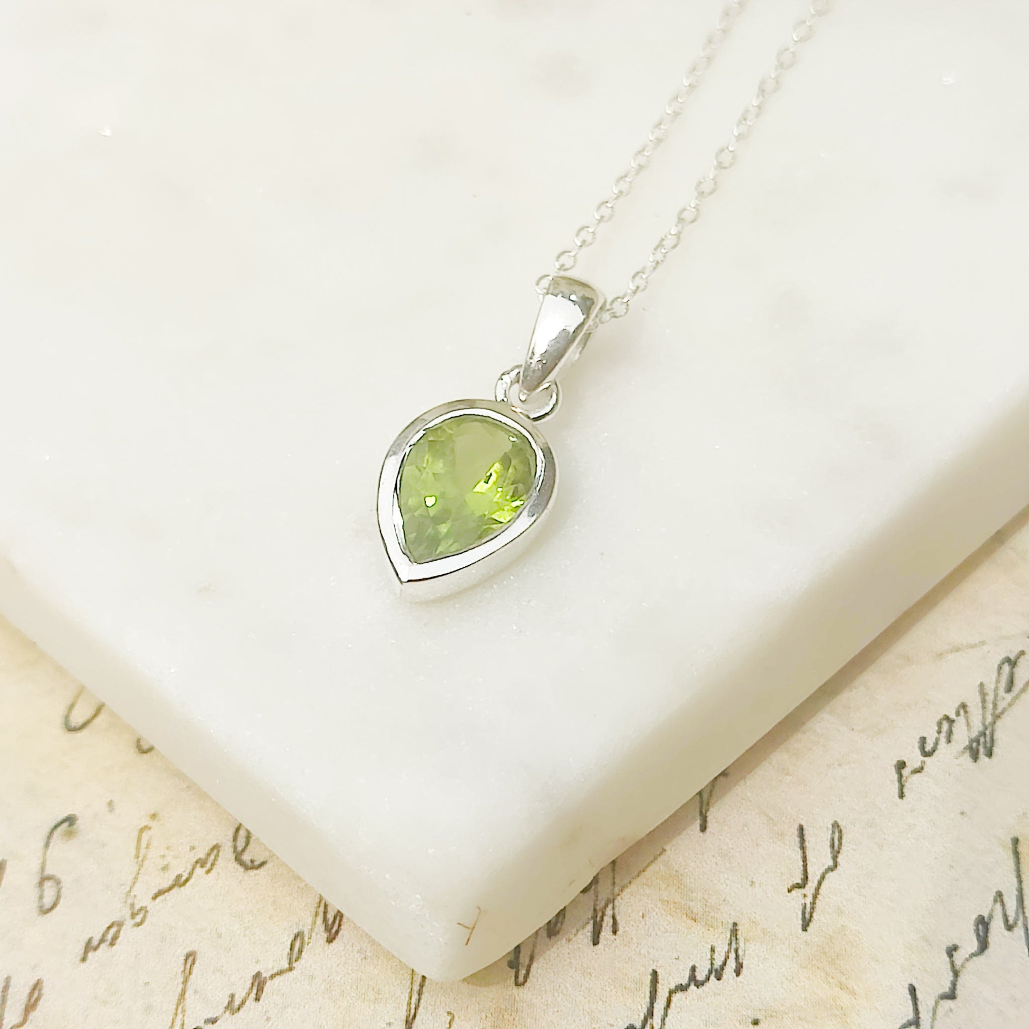 Hepburn and Hughes Peridot Pendant | 12mm Teardrop | August Birthstone | Sterling Silver