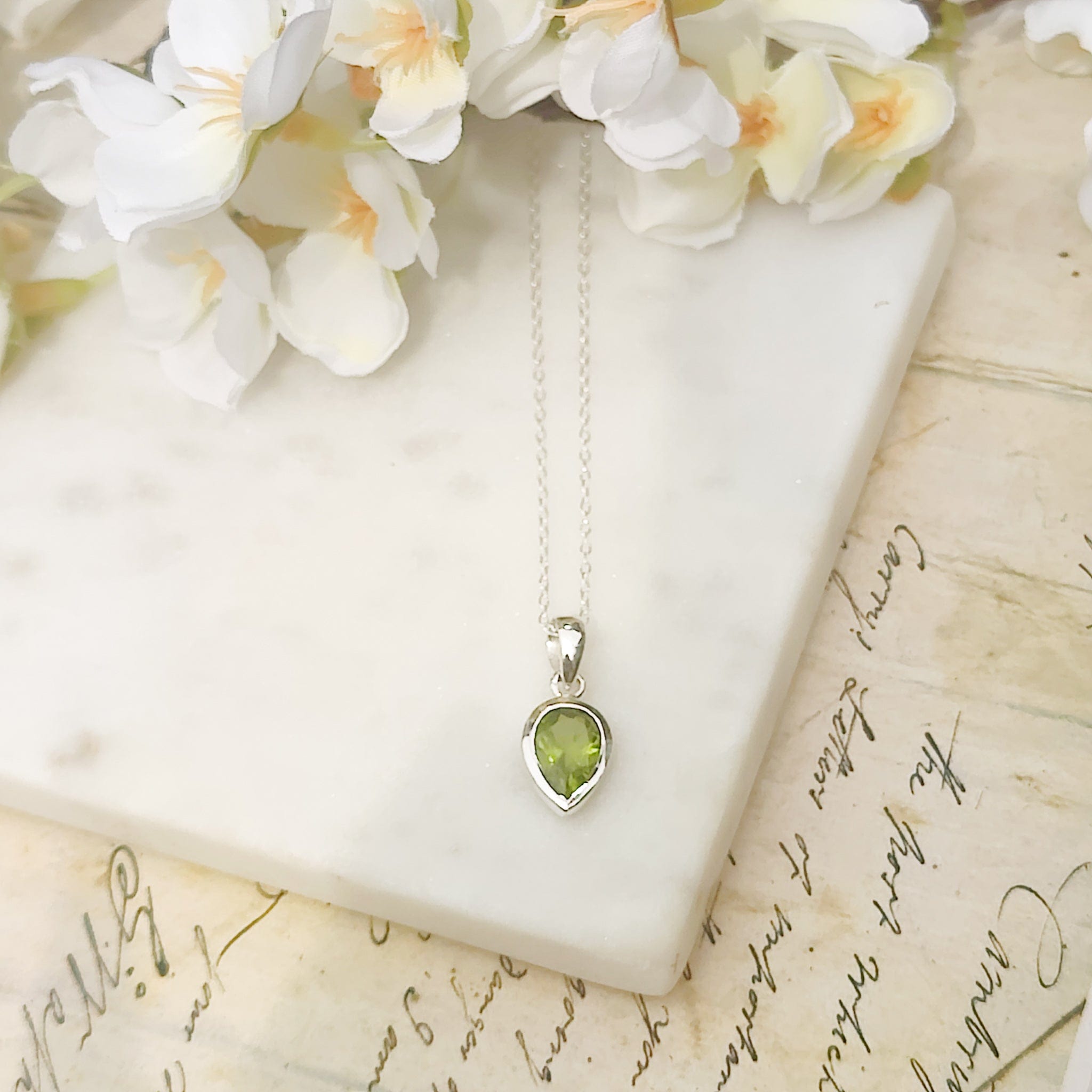 Hepburn and Hughes Peridot Pendant | 12mm Teardrop | August Birthstone | Sterling Silver