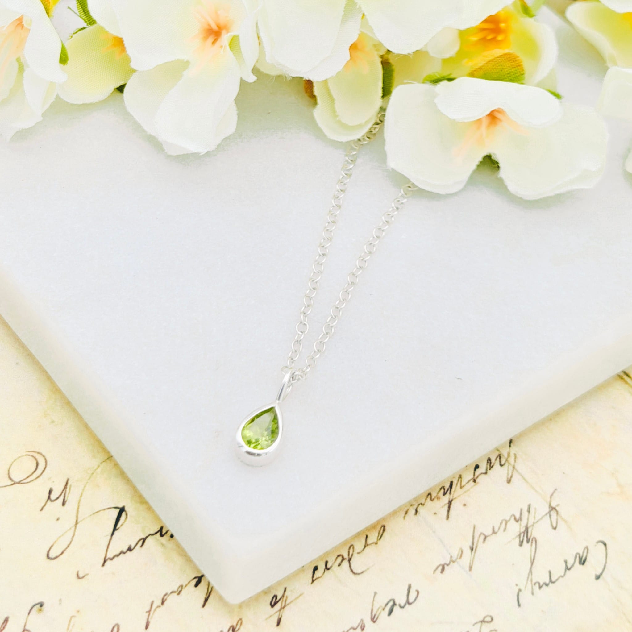 Hepburn & Hughes Ltd Peridot Pendant | 8mm Teardrop | August Birthstone | Sterling Silver