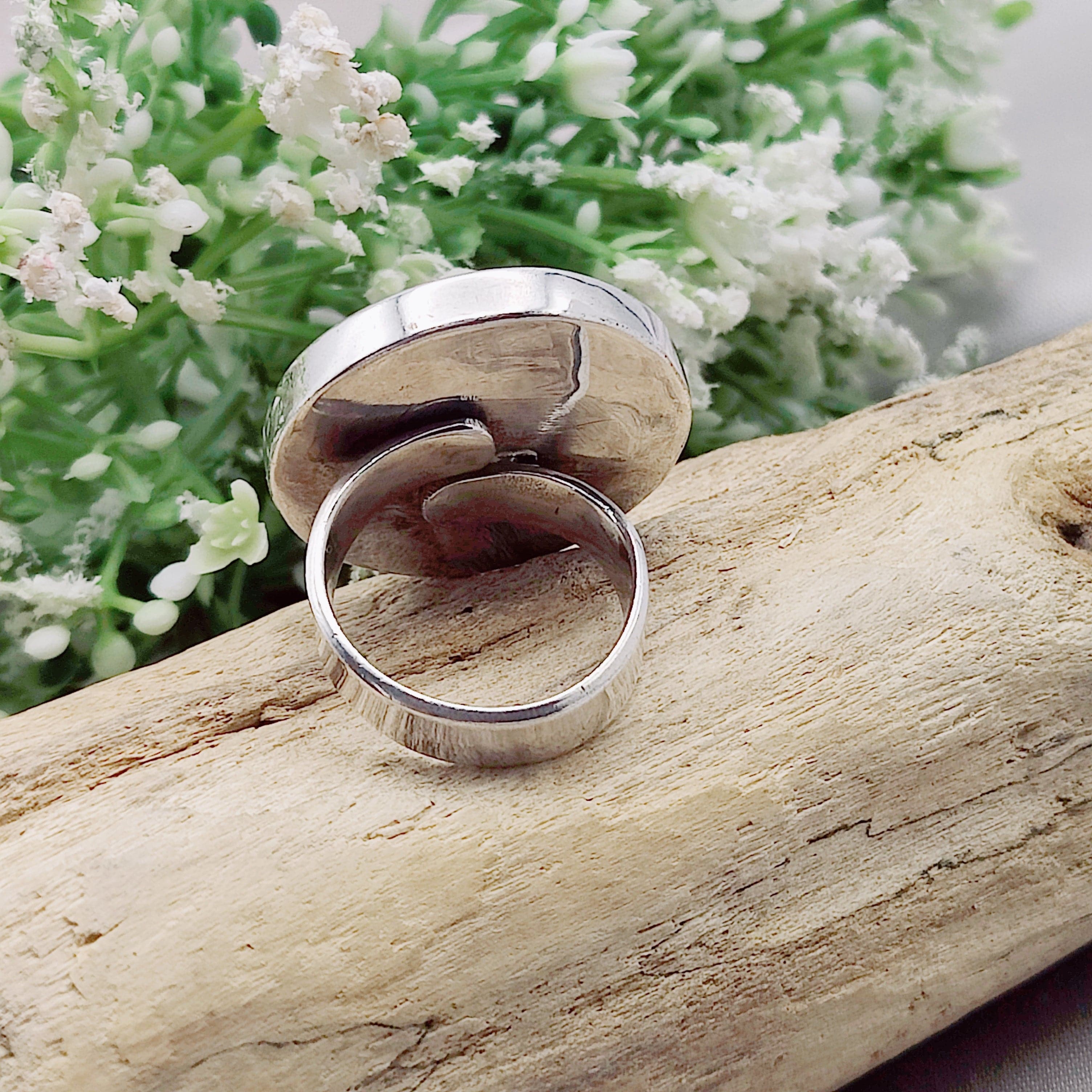 Hepburn and Hughes Polish Flint Circular Ring | Statement Jewellery | Sterling Silver