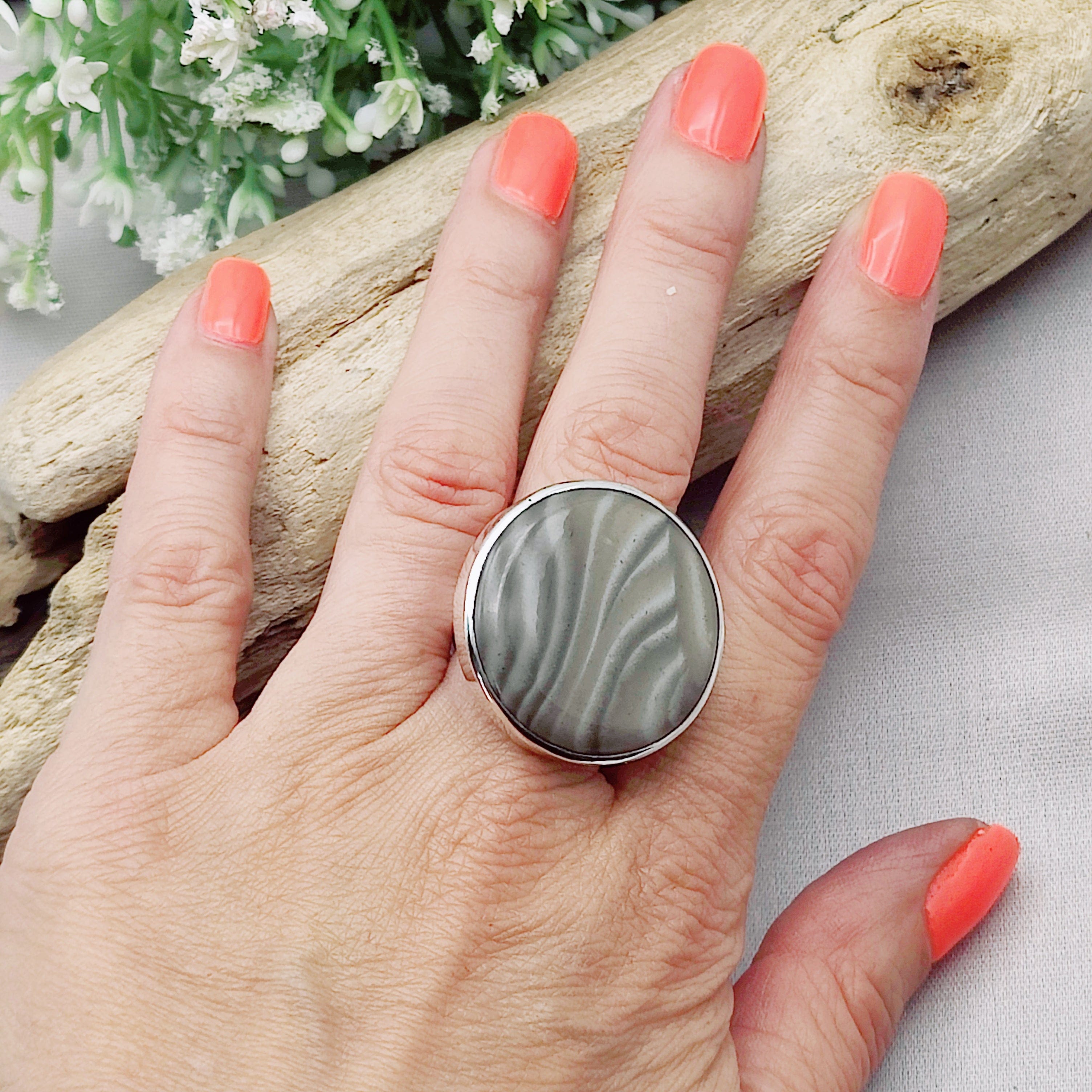 Hepburn and Hughes Polish Flint Circular Ring | Statement Jewellery | Sterling Silver