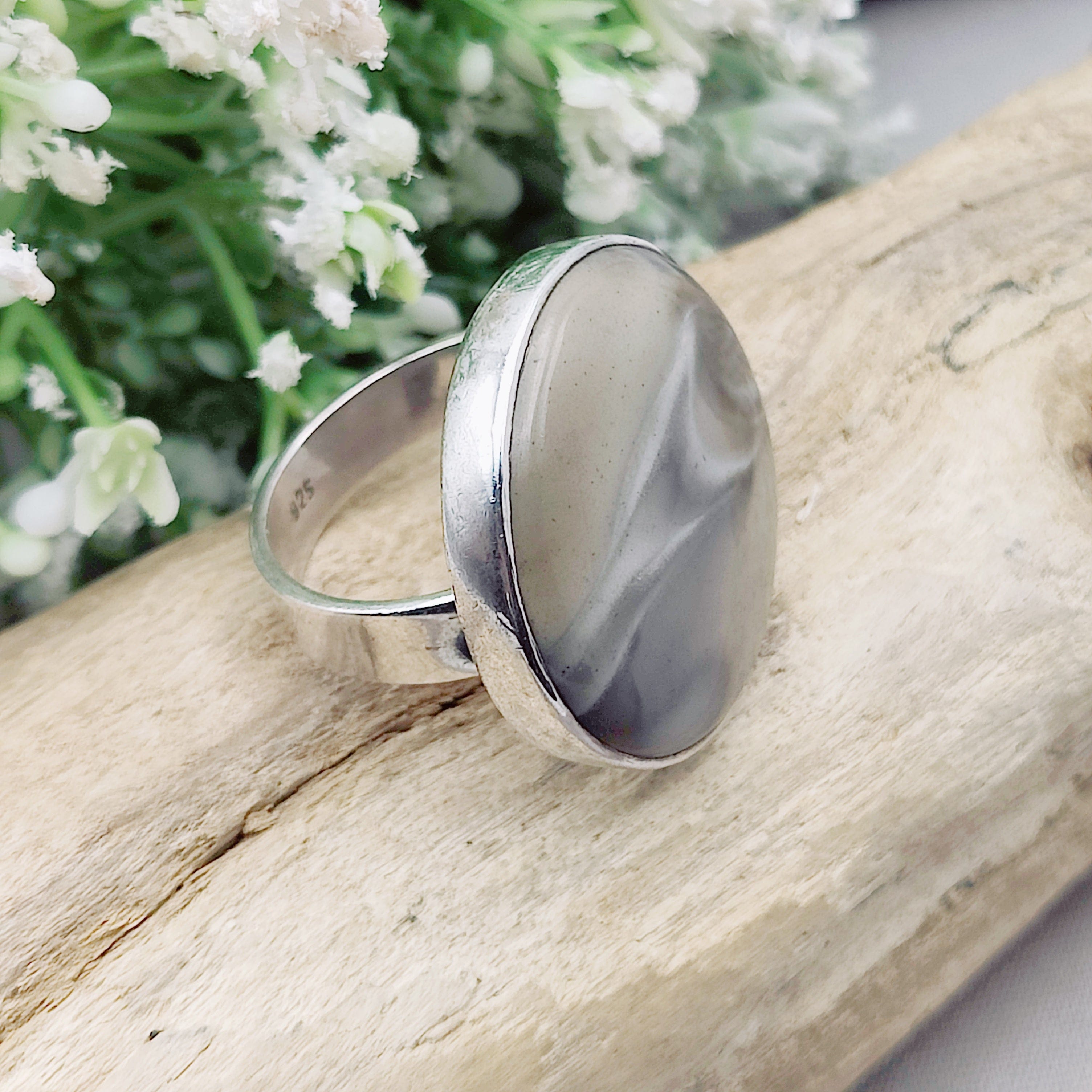 Hepburn and Hughes Polish Flint Circular Ring | Statement Jewellery | Sterling Silver
