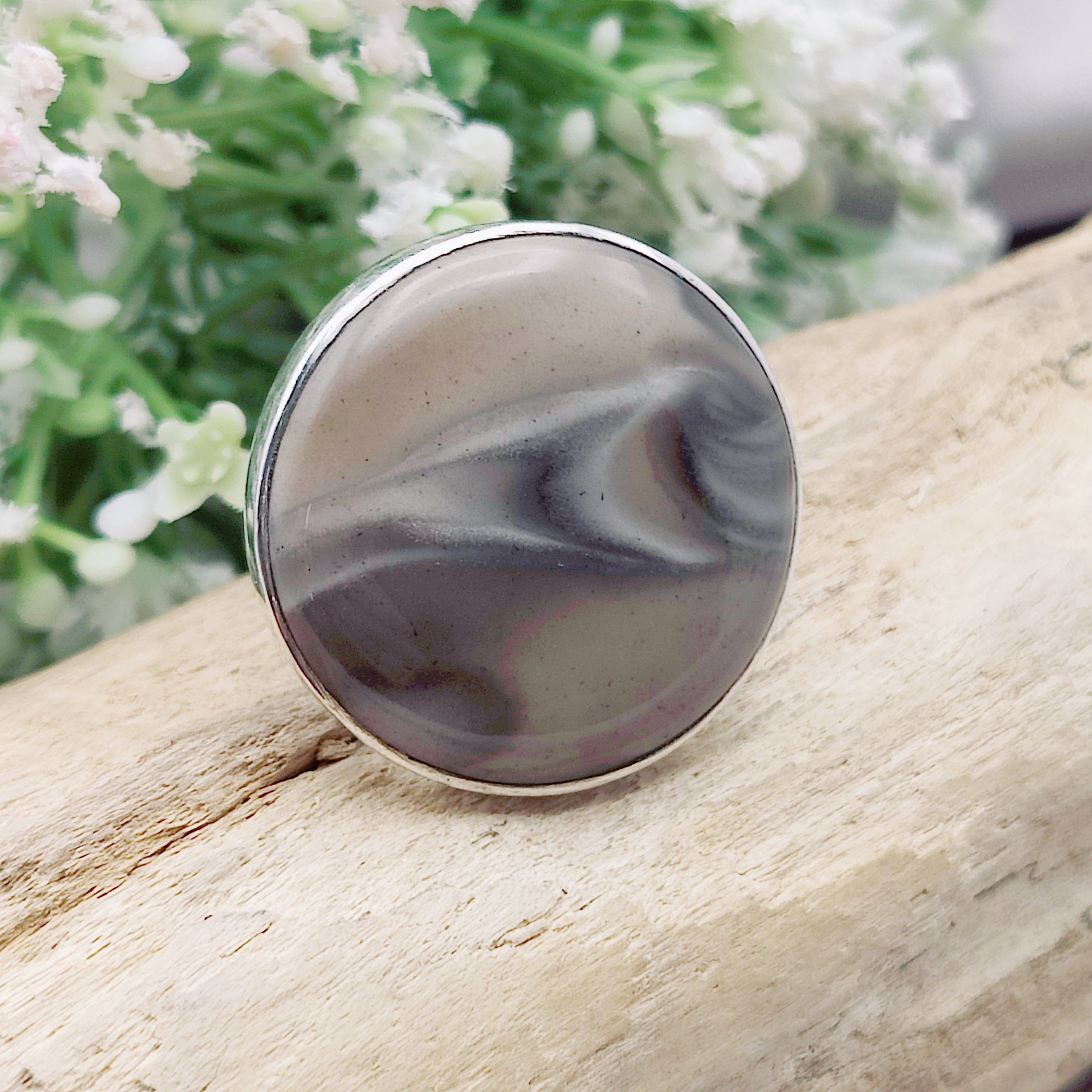 Hepburn and Hughes Polish Flint Circular Ring | Statement Jewellery | Sterling Silver