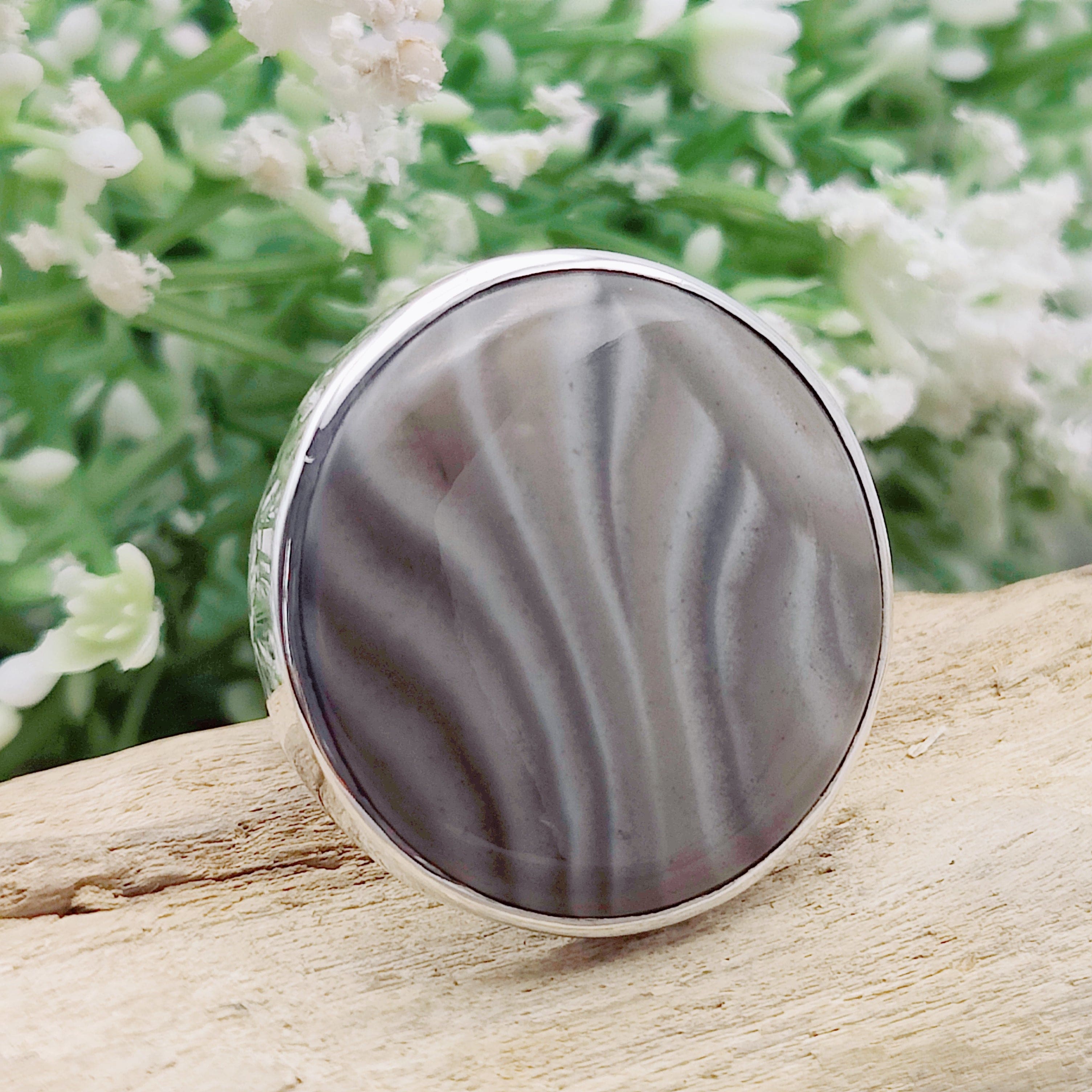 Hepburn and Hughes Polish Flint Circular Ring | Statement Jewellery | Sterling Silver