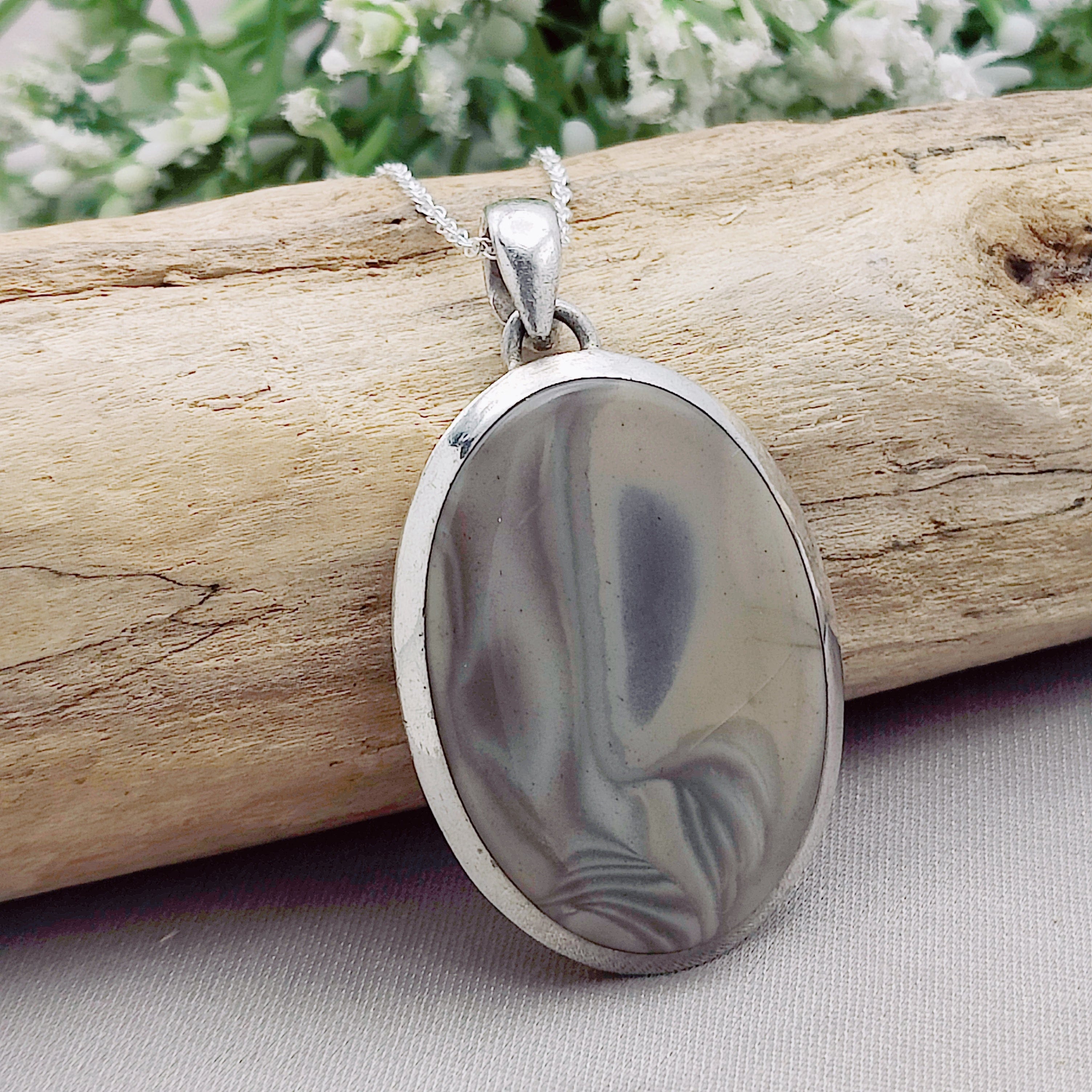 Hepburn and Hughes Polish Flint Oval Pendant | Neutral Tones | Sterling Silver