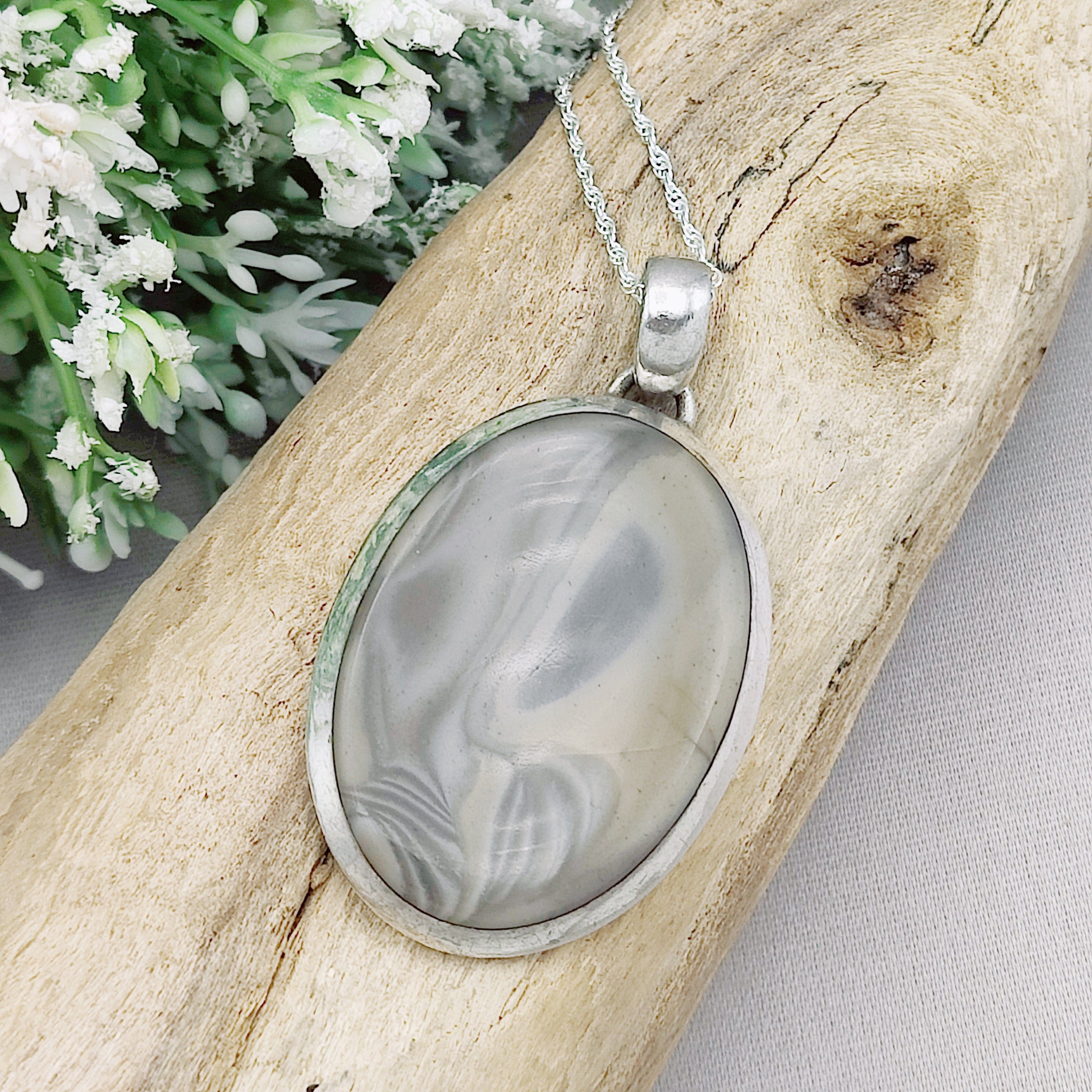 Hepburn and Hughes Polish Flint Oval Pendant | Neutral Tones | Sterling Silver