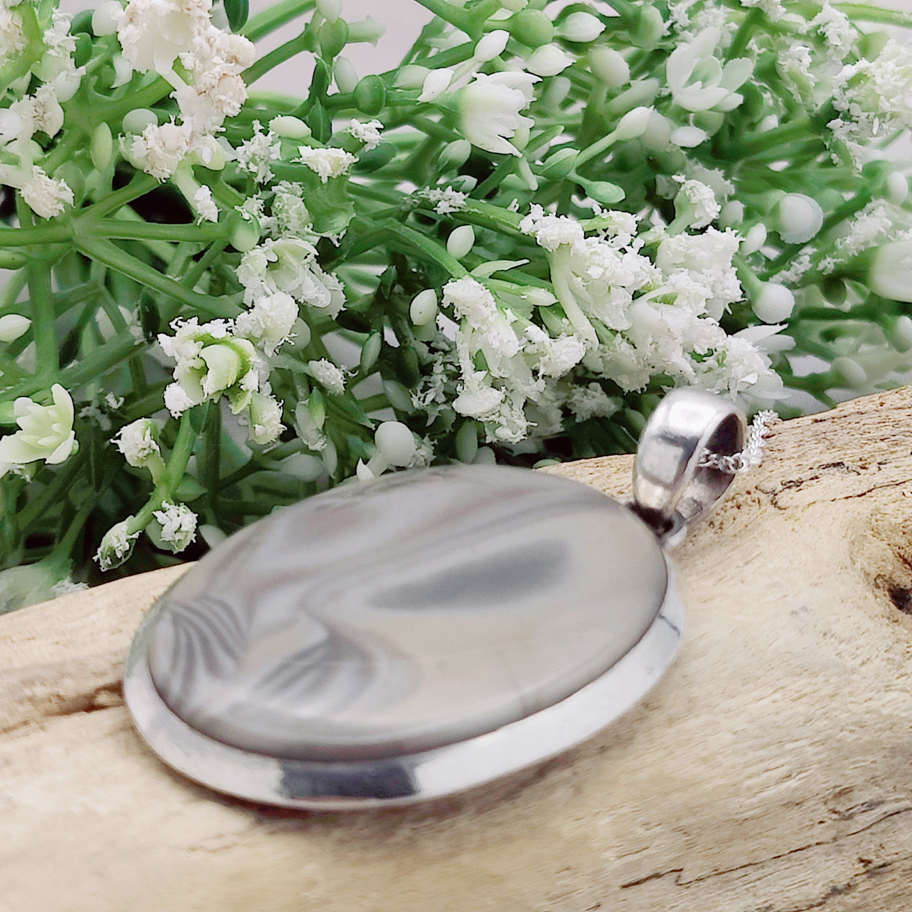 Hepburn and Hughes Polish Flint Oval Pendant | Neutral Tones | Sterling Silver