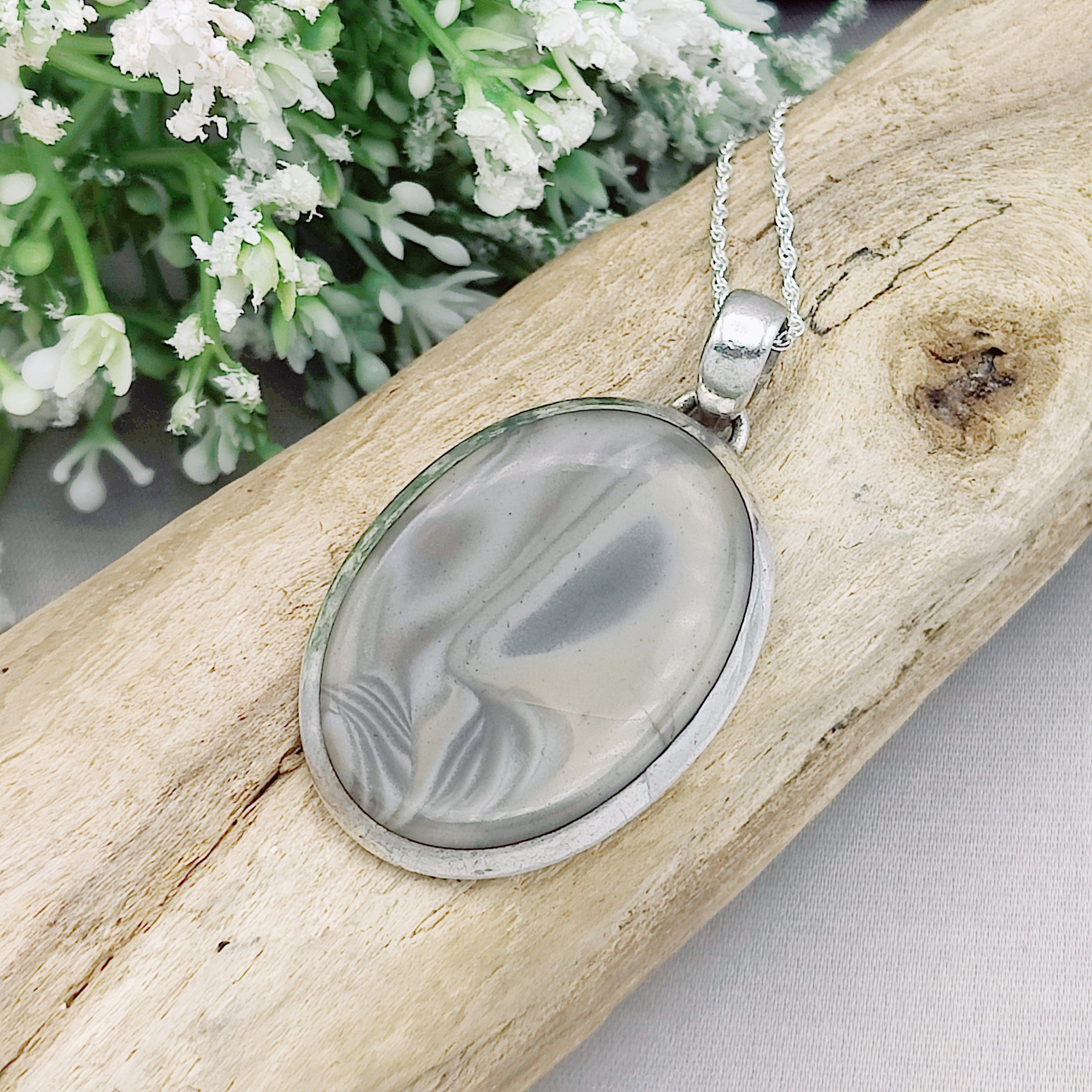 Hepburn and Hughes Polish Flint Oval Pendant | Neutral Tones | Sterling Silver
