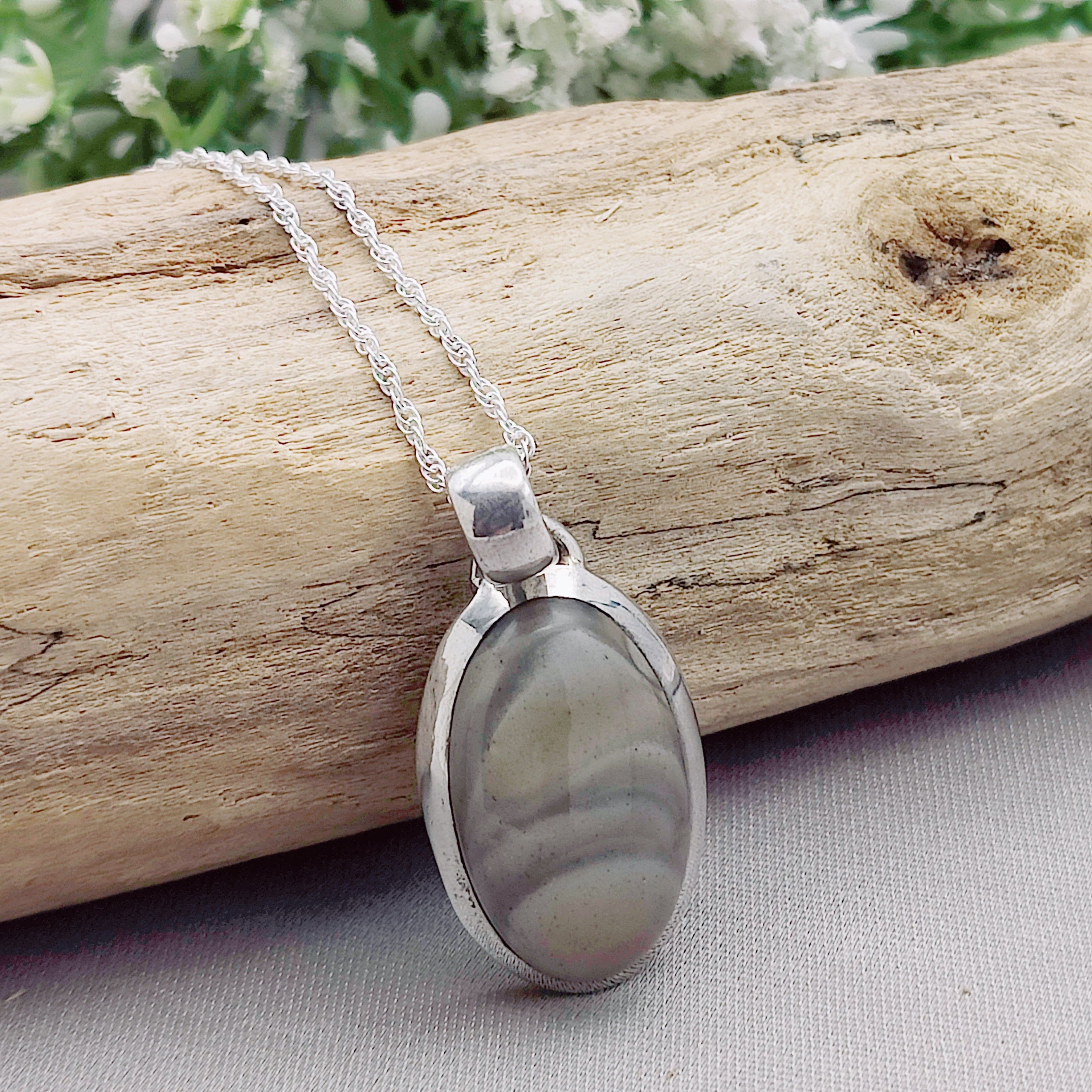 Hepburn and Hughes Polish Flint Pendant | Small oval | Sterling Silver