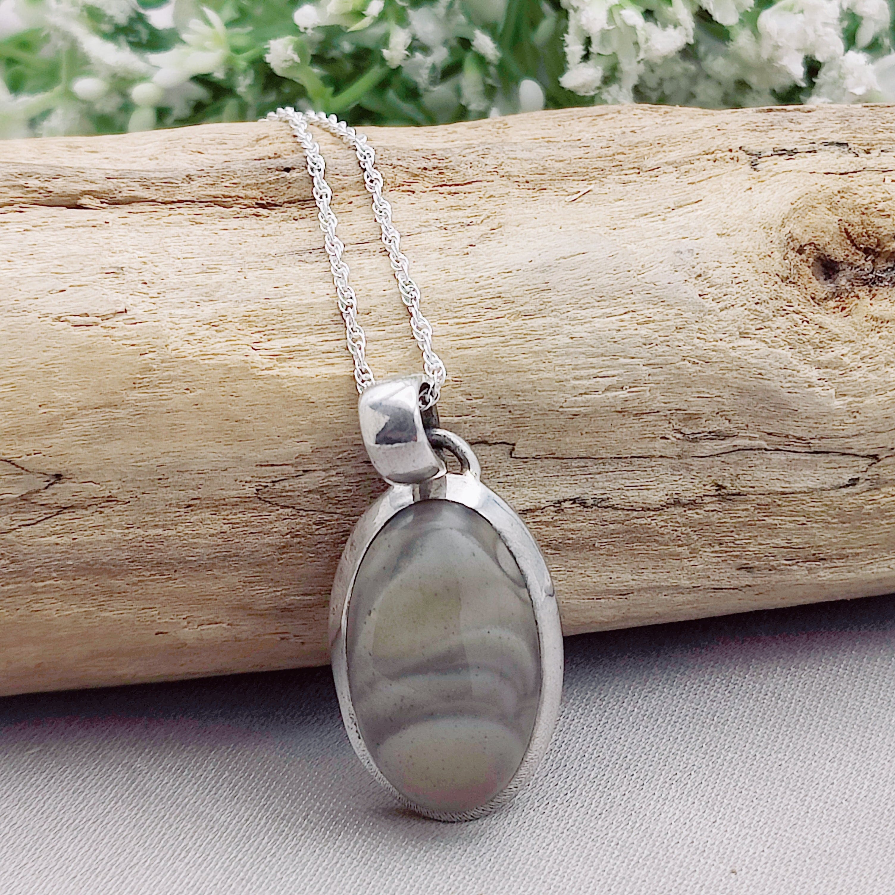 Hepburn and Hughes Polish Flint Pendant | Small oval | Sterling Silver