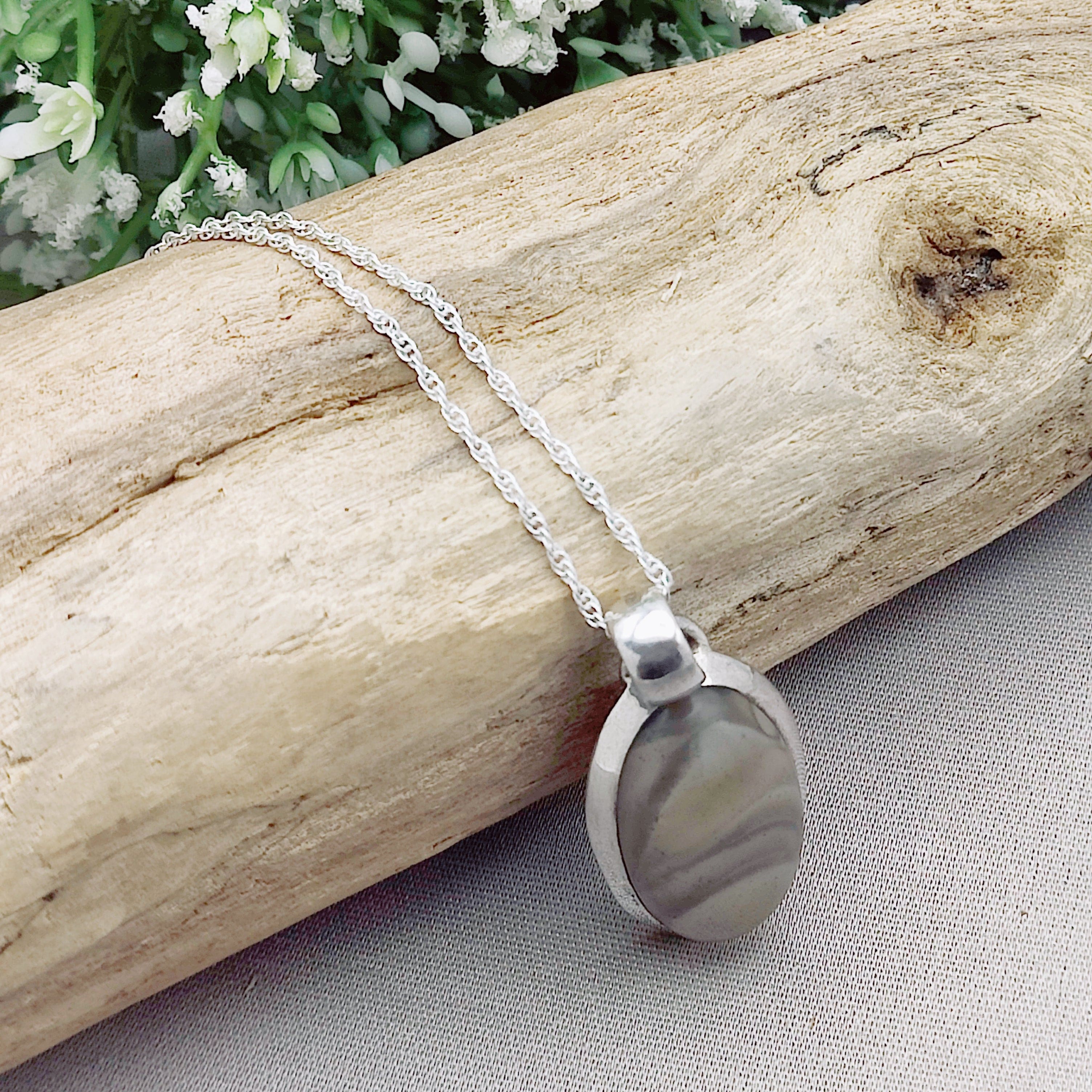 Hepburn and Hughes Polish Flint Pendant | Small oval | Sterling Silver