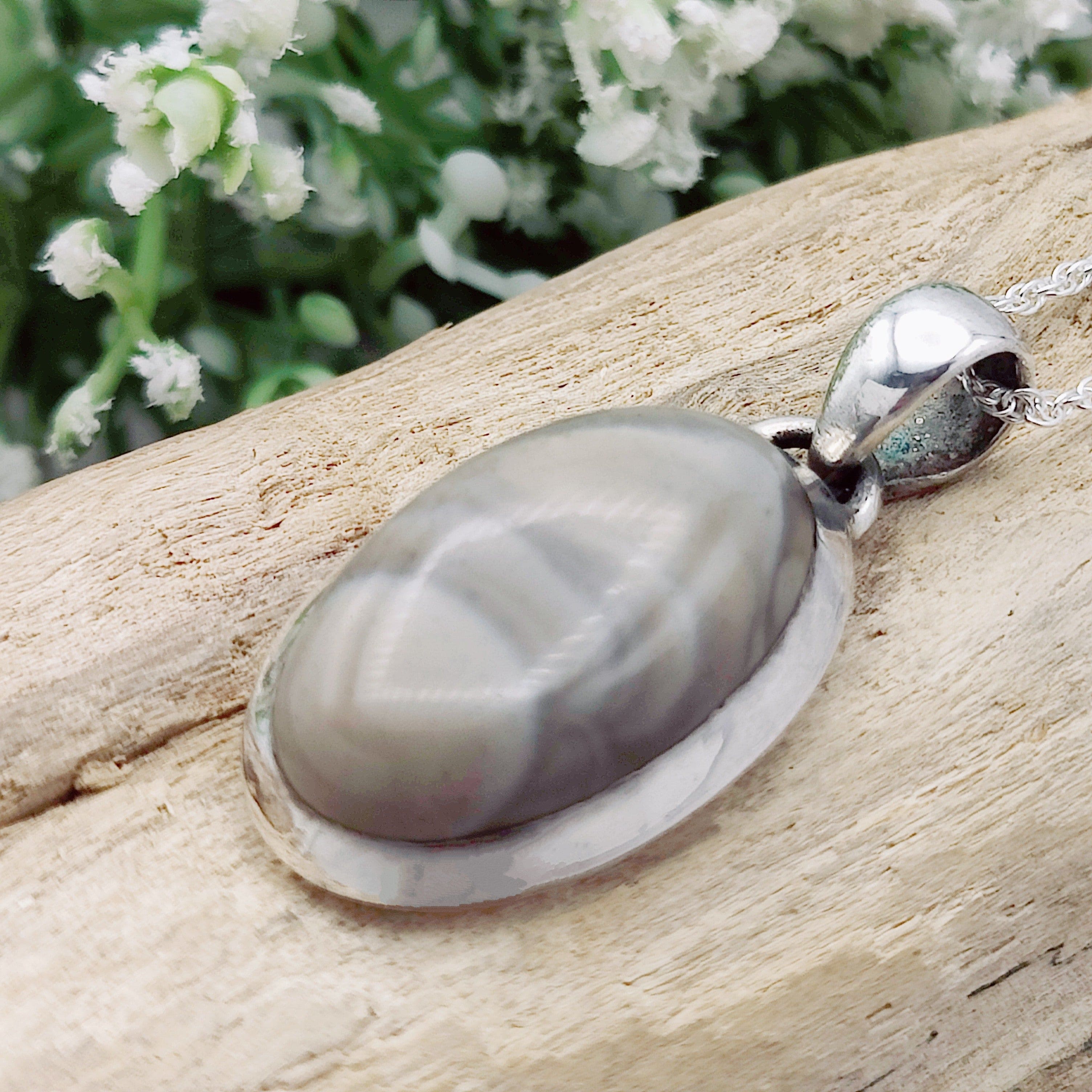 Hepburn and Hughes Polish Flint Pendant | Small oval | Sterling Silver