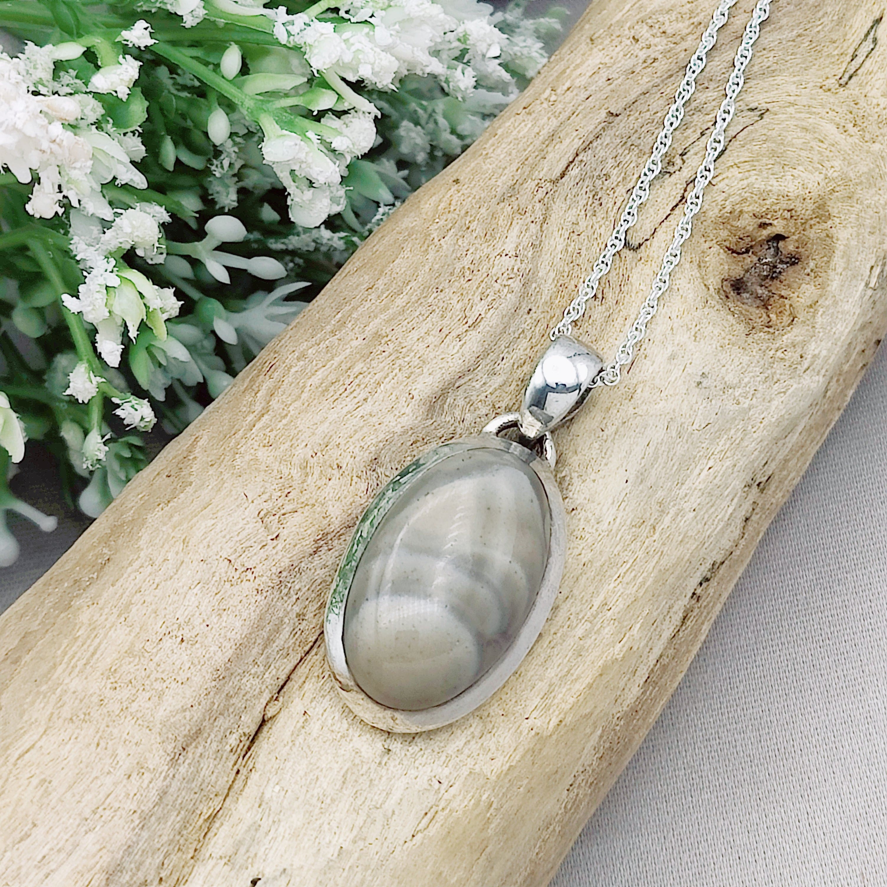 Hepburn and Hughes Polish Flint Pendant | Small oval | Sterling Silver