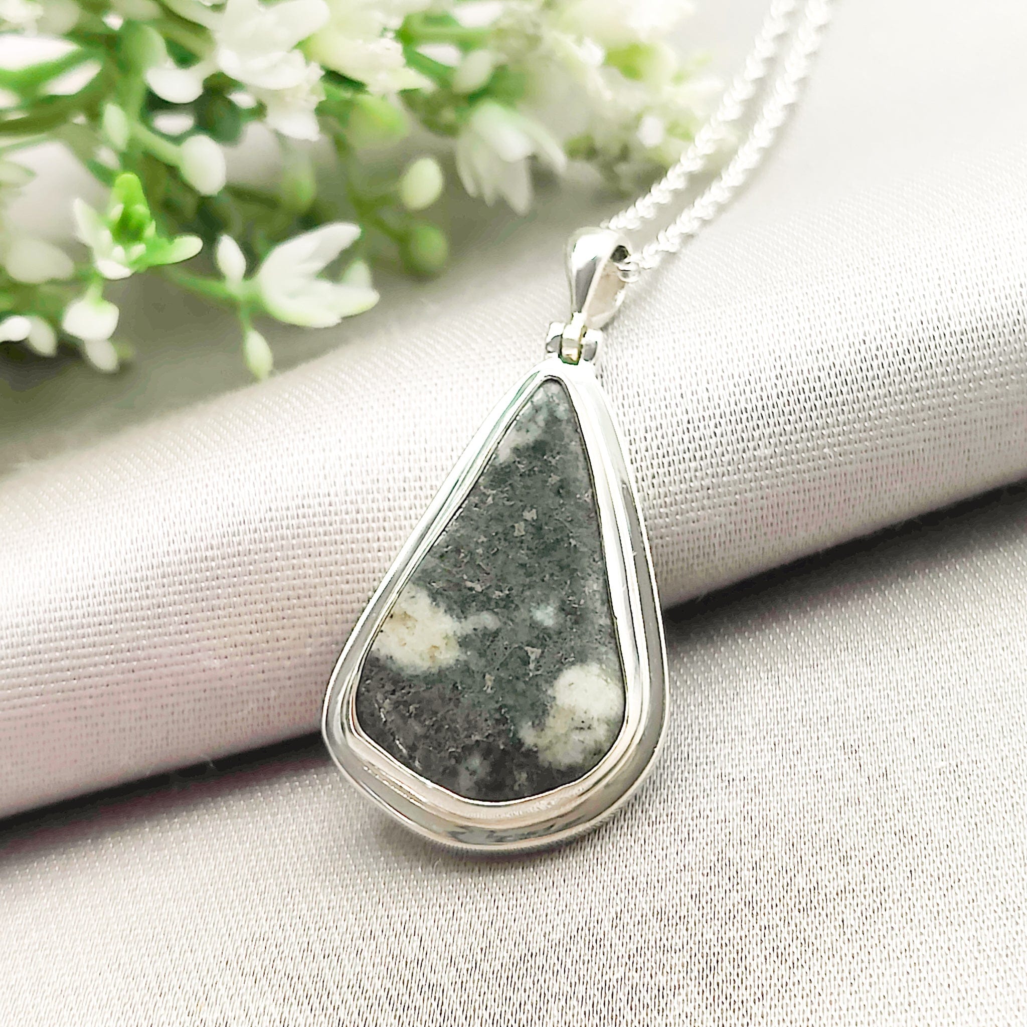 Hepburn and Hughes Preseli Bluestone Necklace | 27mm Triangle | Stonehenge Gift | Sterling Silver