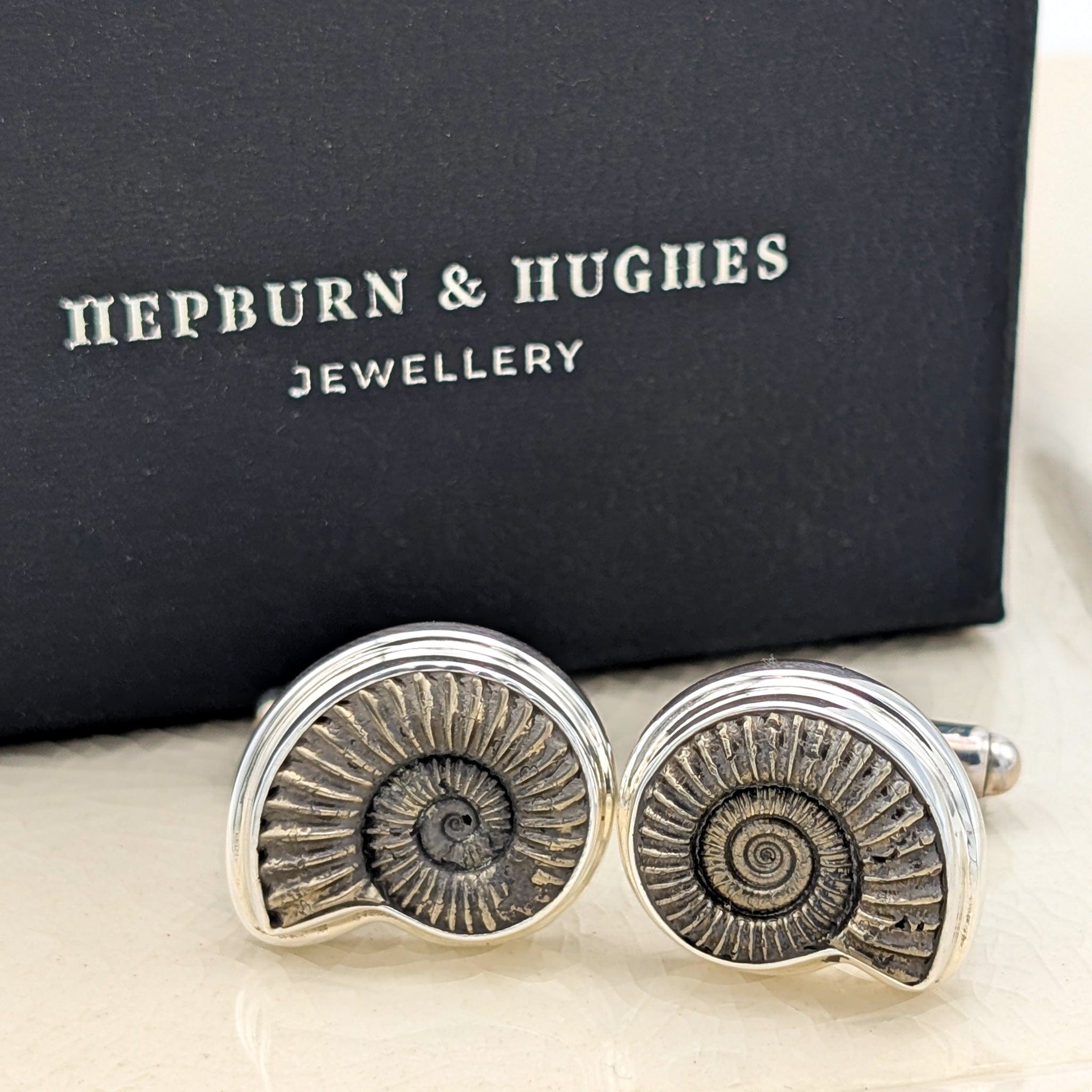 Hepburn and Hughes Promicroceras Ammonite Cufflinks | British Fossils | Sterling Silver