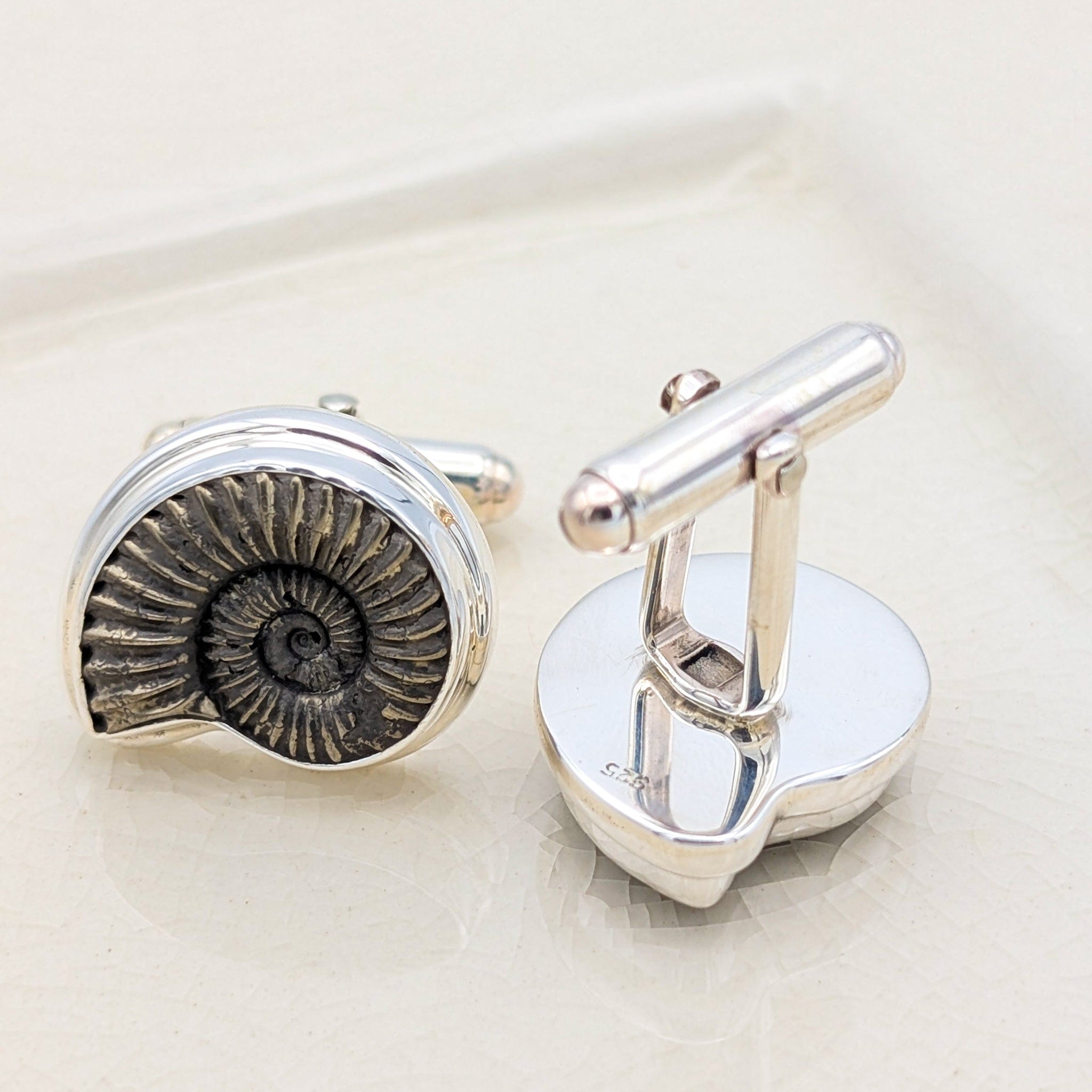 Hepburn and Hughes Promicroceras Ammonite Cufflinks | British Fossils | Sterling Silver