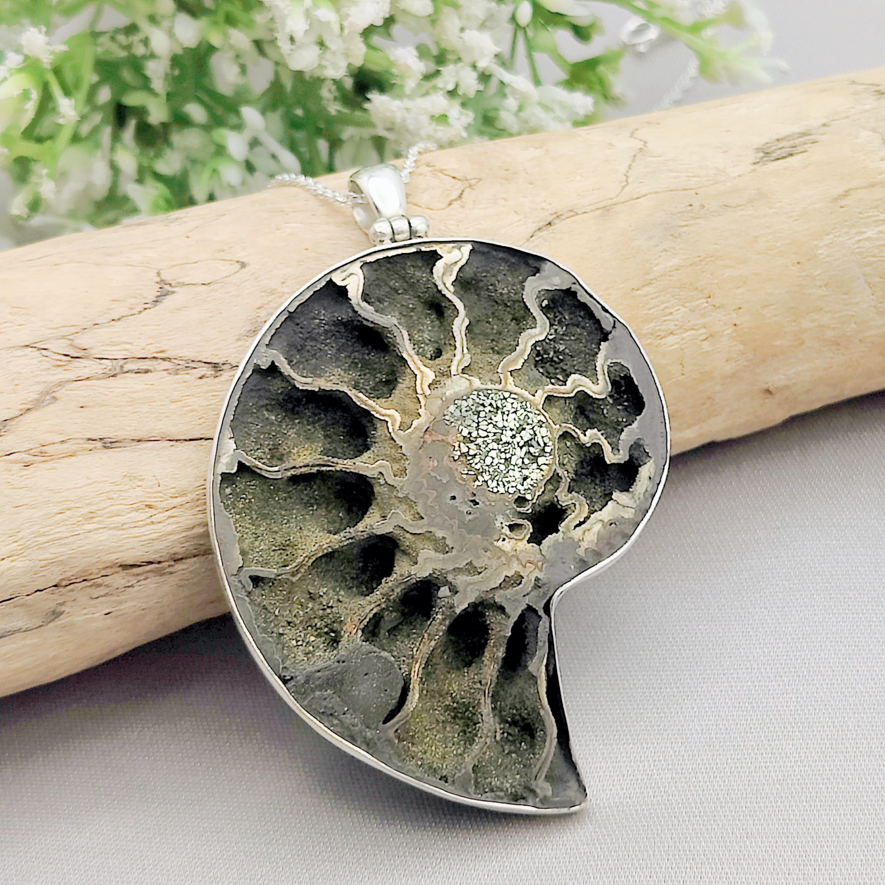 Hepburn and Hughes Pyrite Ammonite Pendant | 60mm Large Fossil Pendant | Sterling Silver