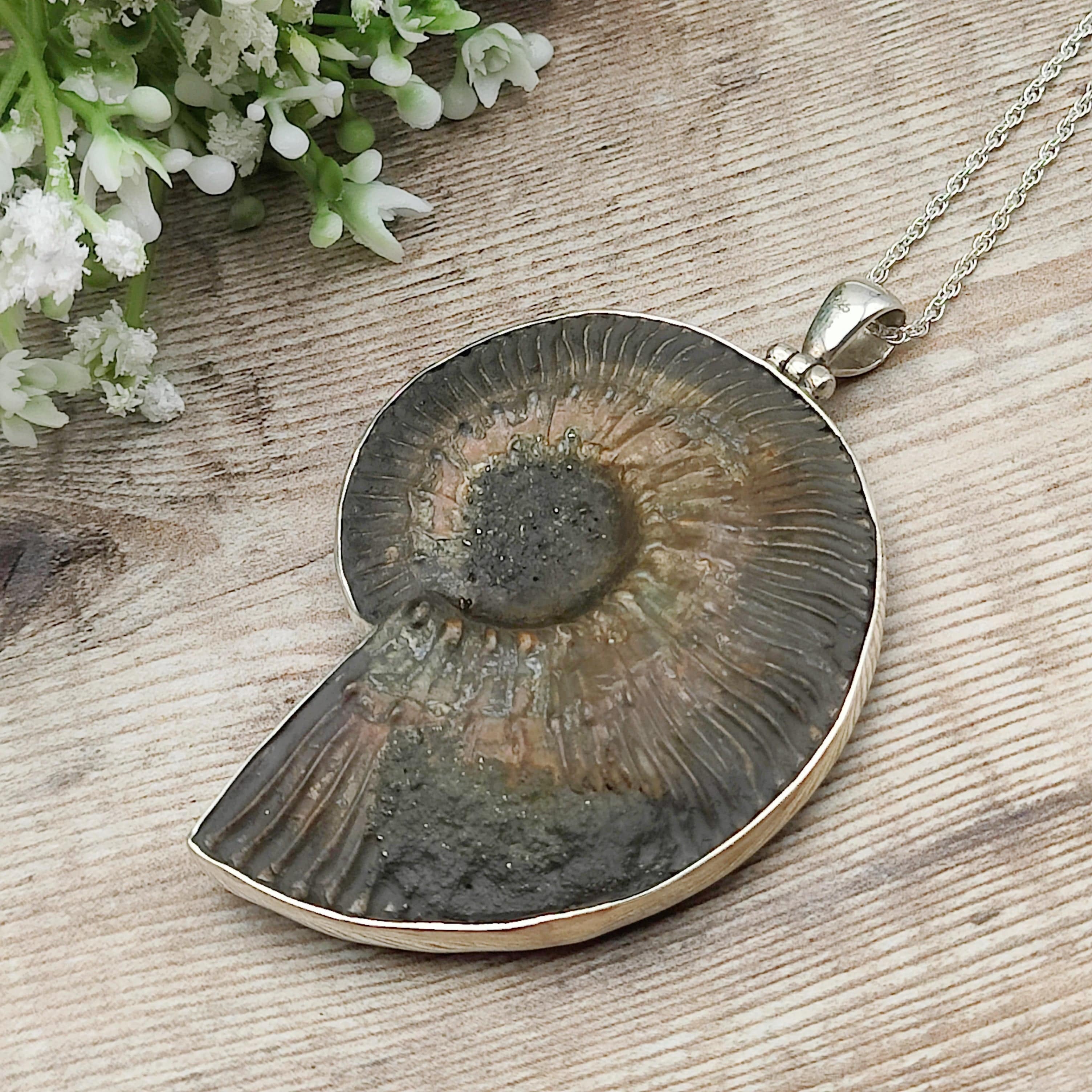 Hepburn and Hughes Pyrite Ammonite Pendant | 60mm Large Fossil Pendant | Sterling Silver