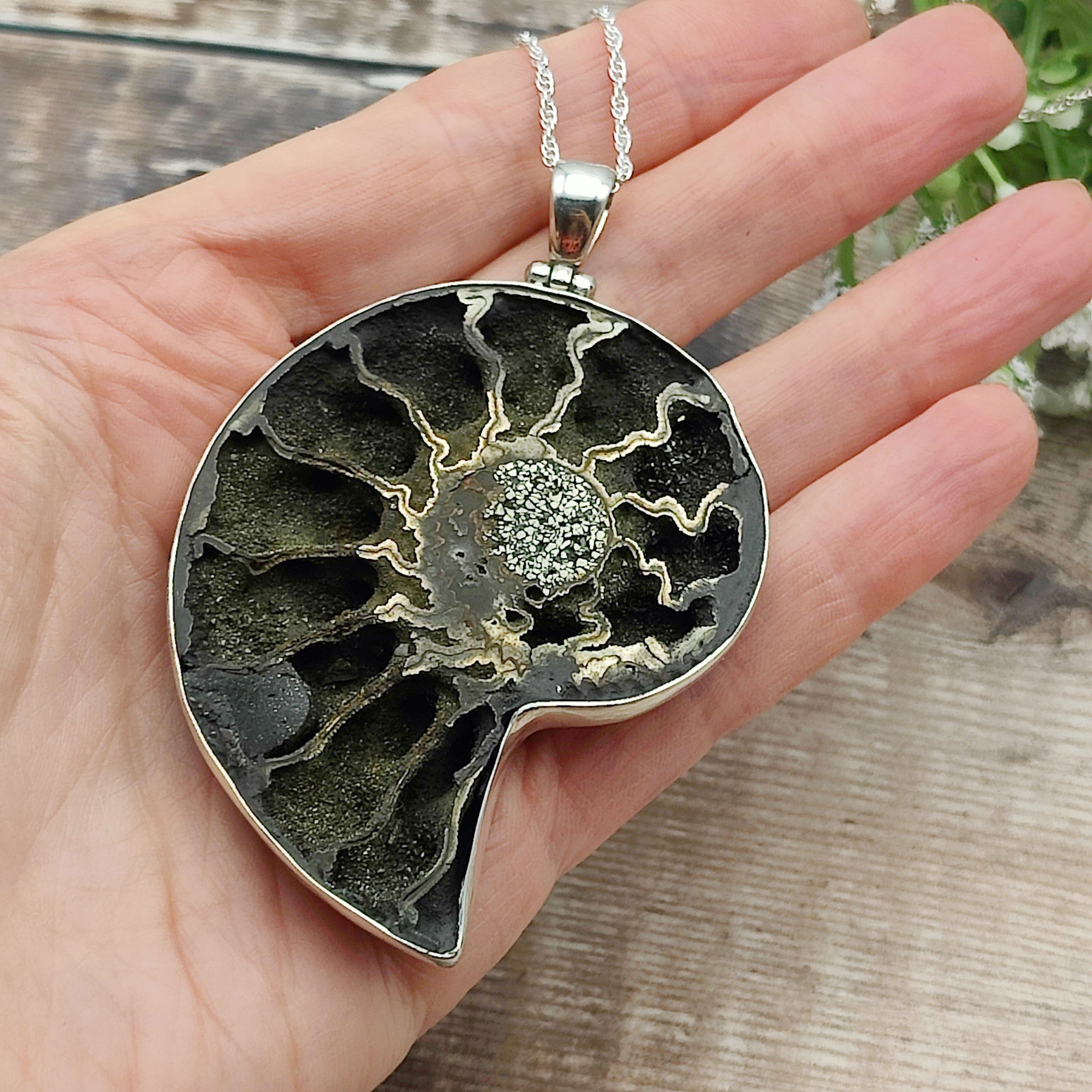 Hepburn and Hughes Pyrite Ammonite Pendant | 60mm Large Fossil Pendant | Sterling Silver