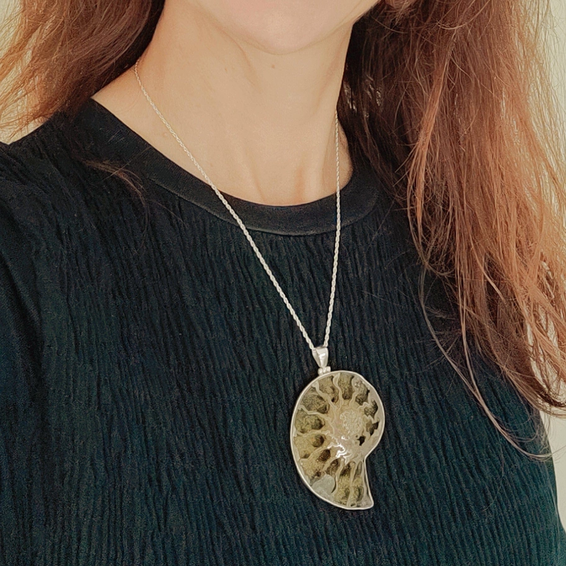Hepburn and Hughes Pyrite Ammonite Pendant | 60mm Large Fossil Pendant | Sterling Silver