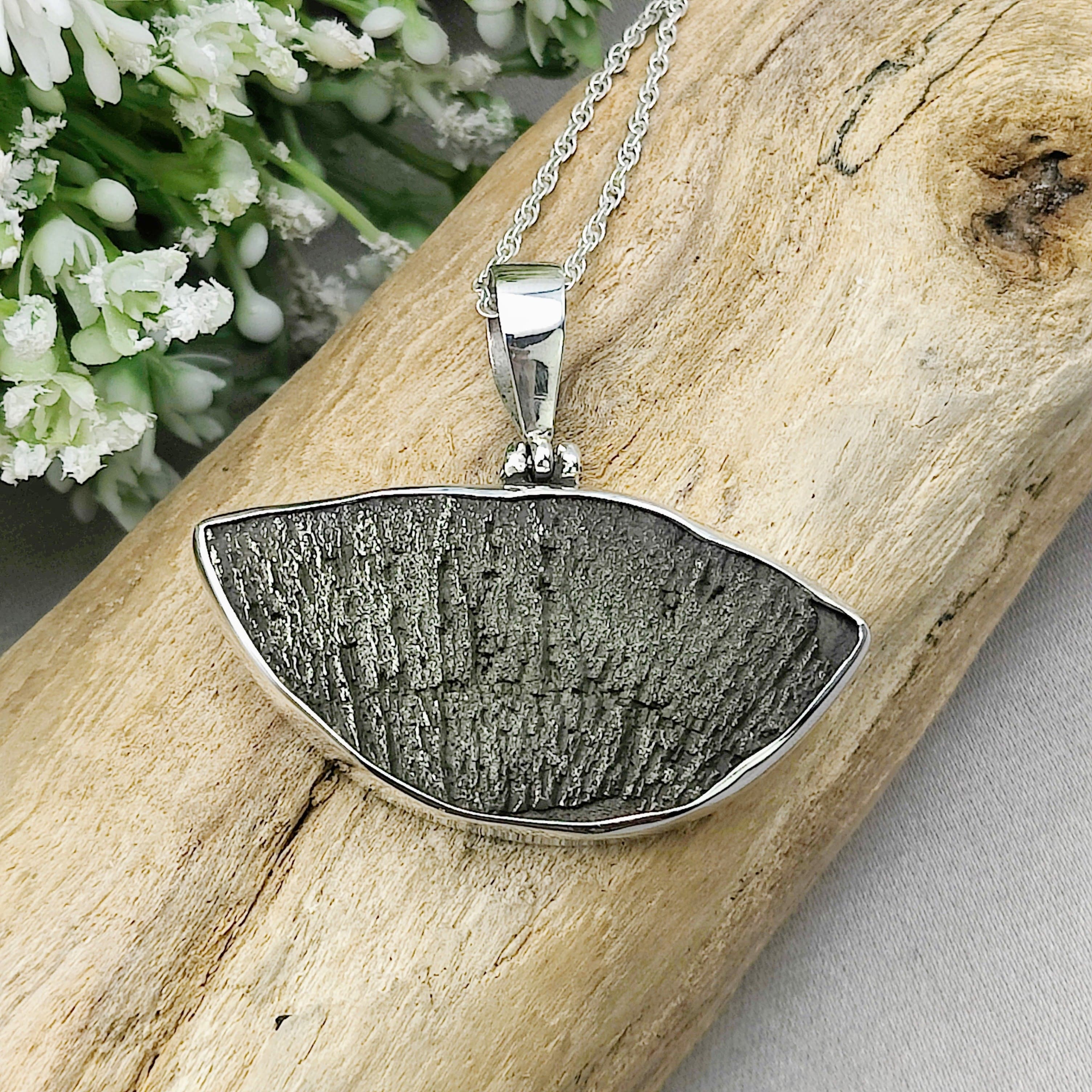 Hepburn and Hughes Pyrite Sun Pendant | Curved | Geology Gift | Sterling Silver