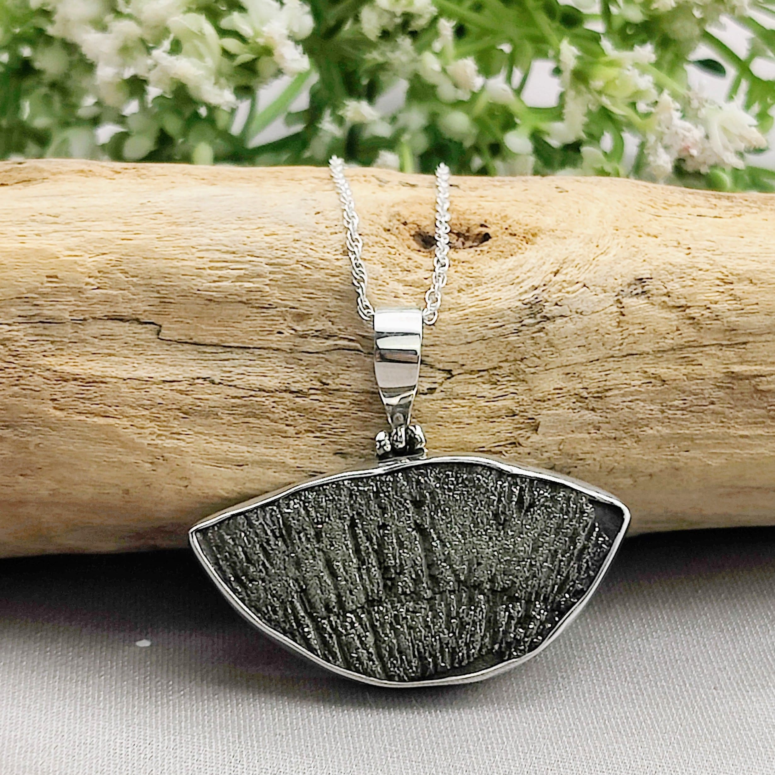 Hepburn and Hughes Pyrite Sun Pendant | Curved | Geology Gift | Sterling Silver
