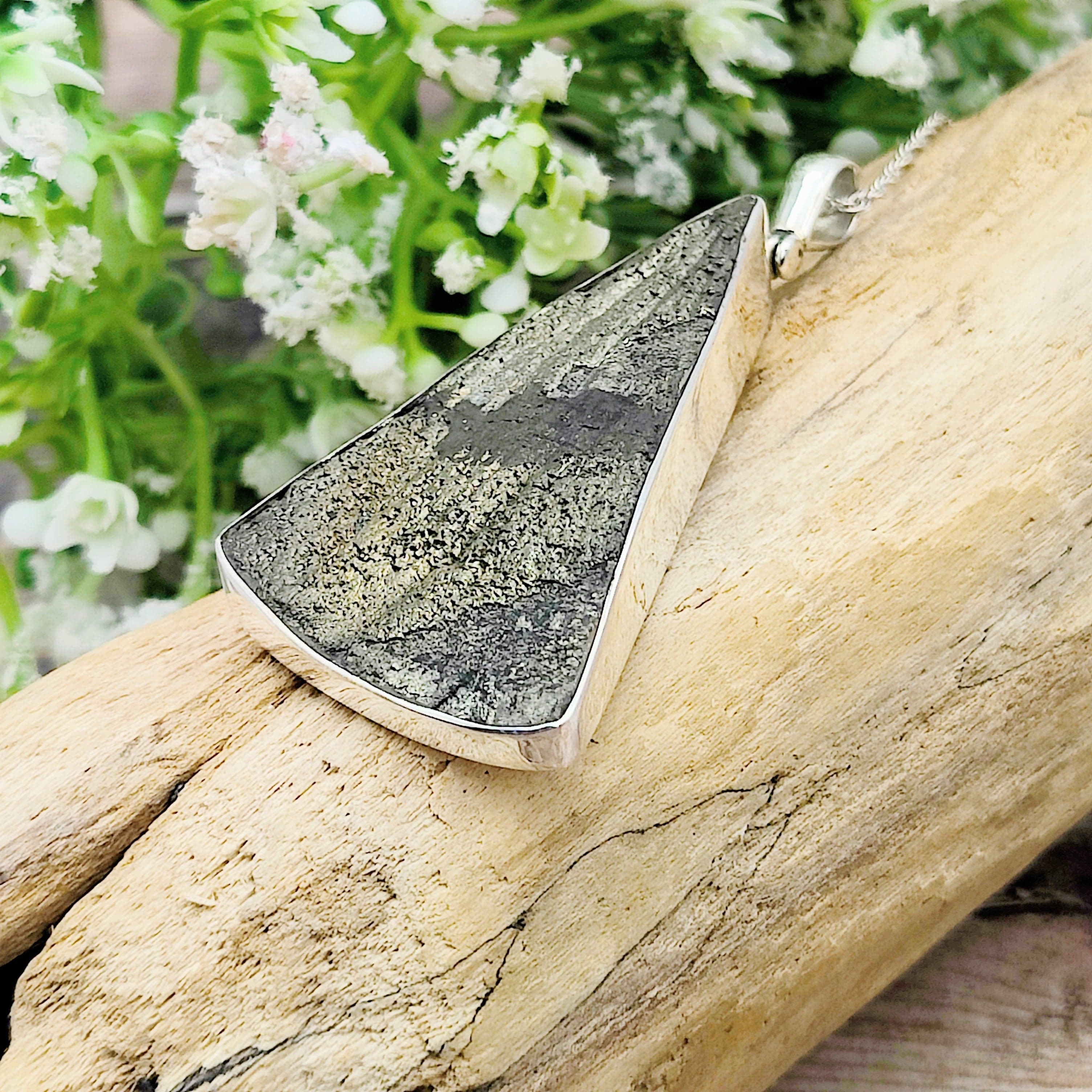 Hepburn and Hughes Pyrite Sun Pendant | Large Triangle | Crystal Gift | Sterling Silver